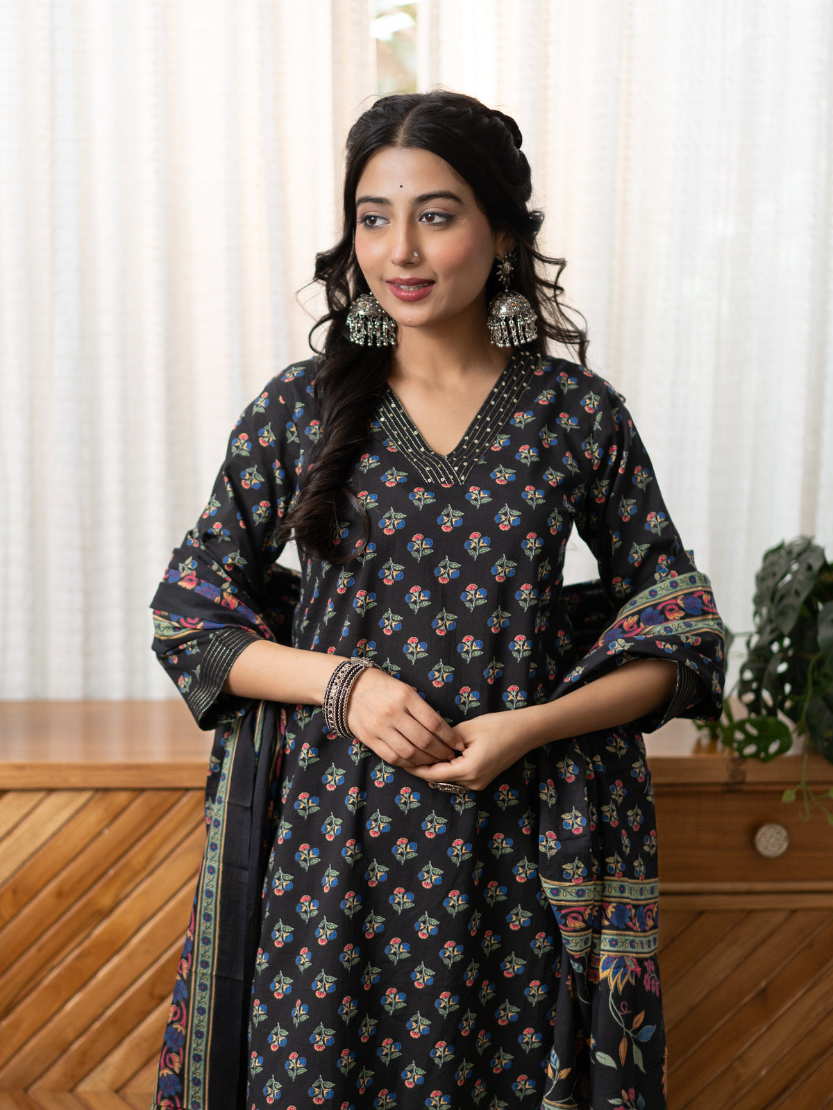 Malika Black Premium Cotton Katha Detailed Dupatta Set