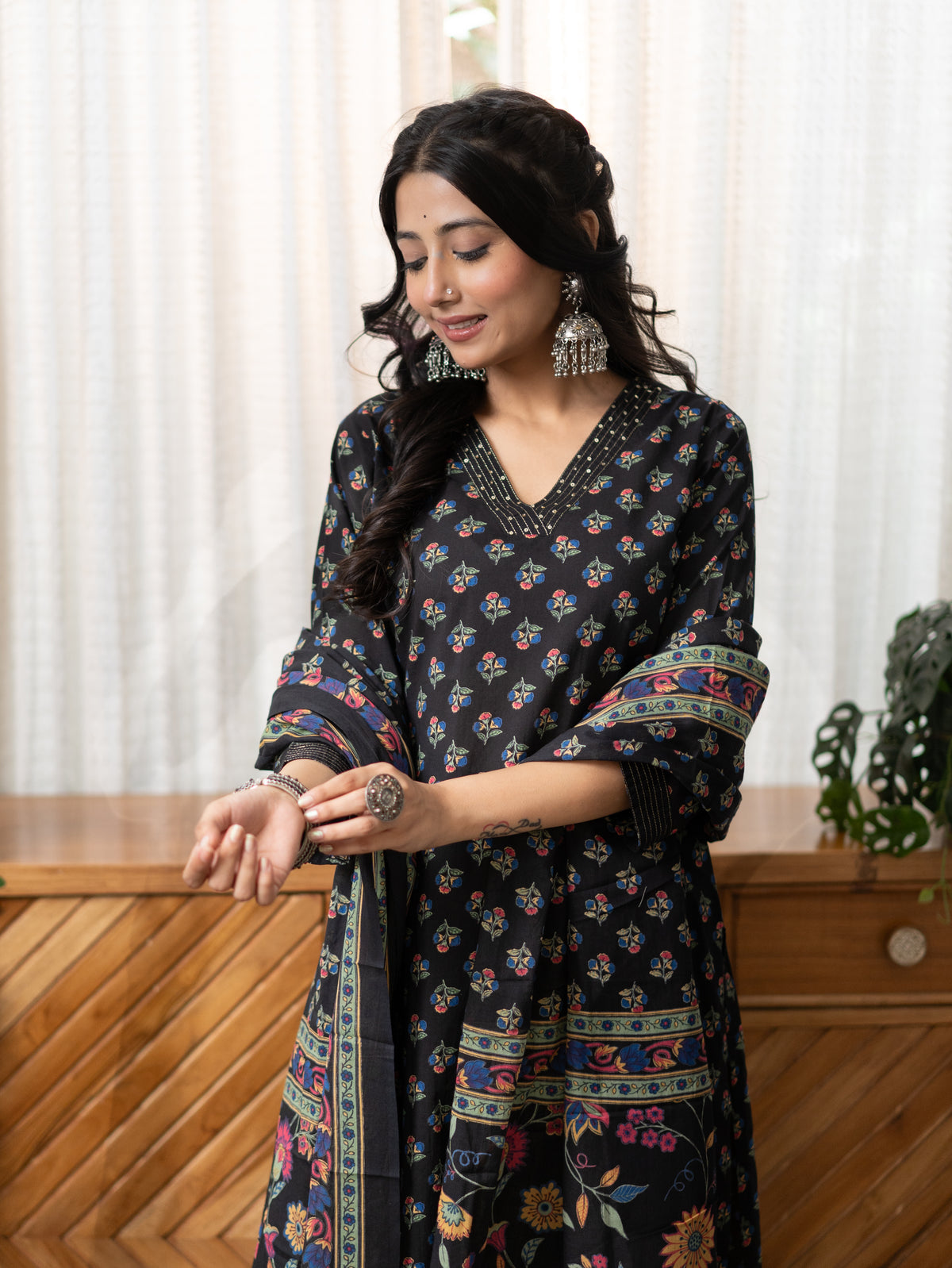Malika Black Premium Cotton Katha Detailed Dupatta Set