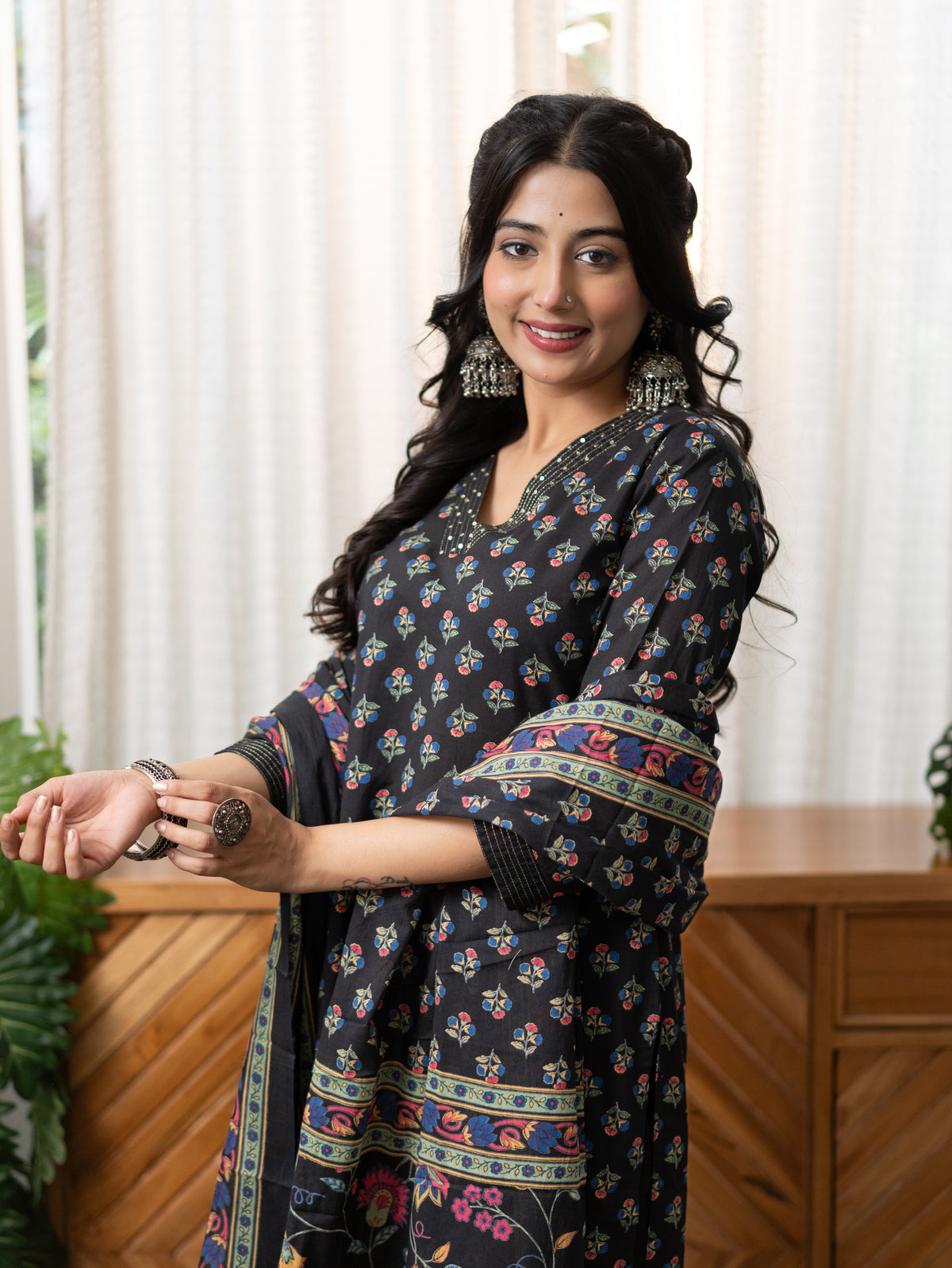 Malika Black Premium Cotton Katha Detailed Dupatta Set