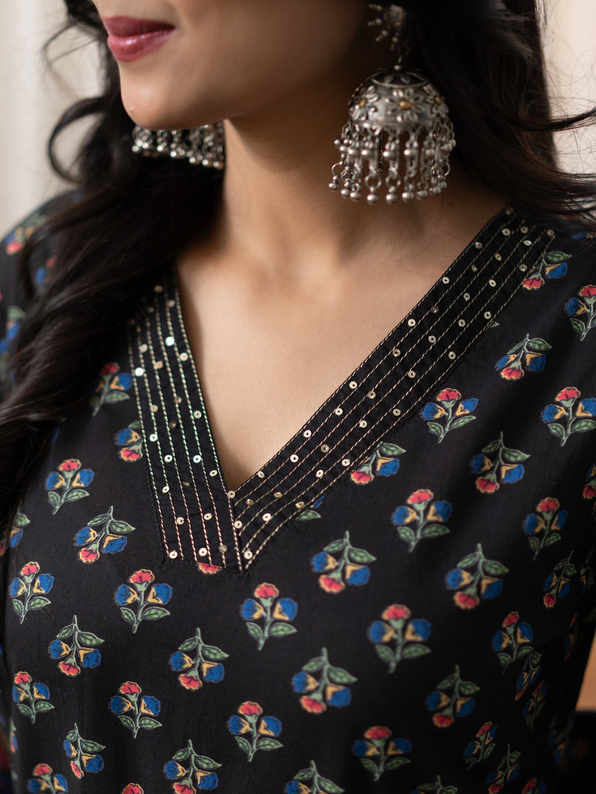 Malika Black Premium Cotton Katha Detailed Dupatta Set