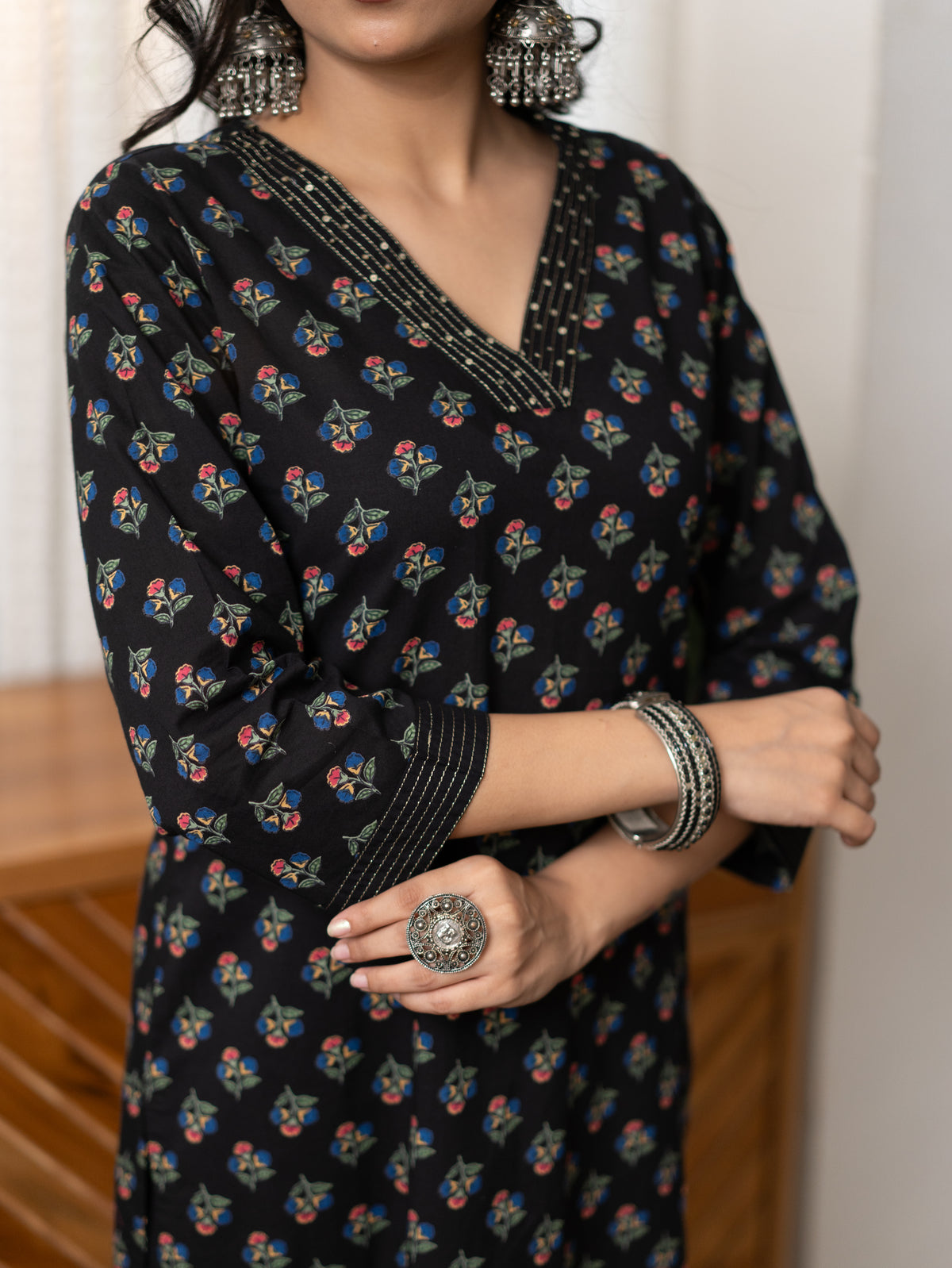 Malika Black Premium Cotton Katha Detailed Dupatta Set
