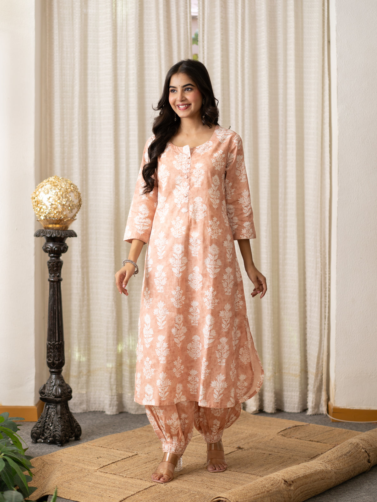 Banni Peach Floral Cotton A-line Kurta Set