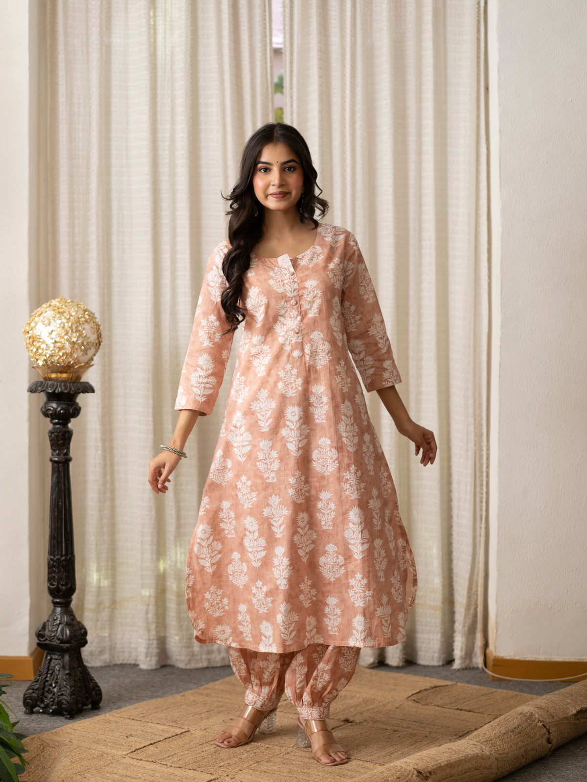 Banni Peach Floral Cotton A-line Kurta Set