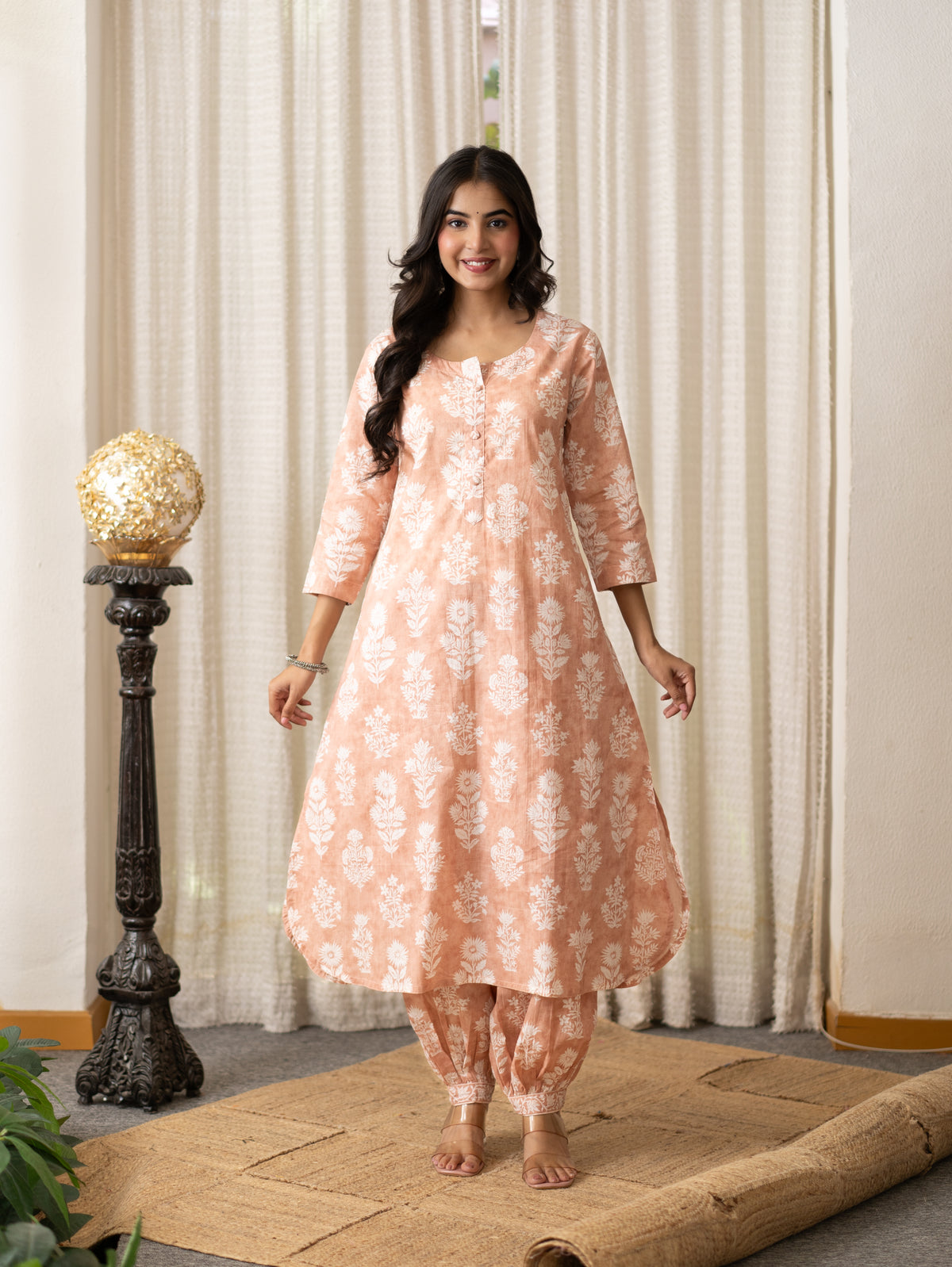 Banni Peach Floral Cotton A-line Kurta Set