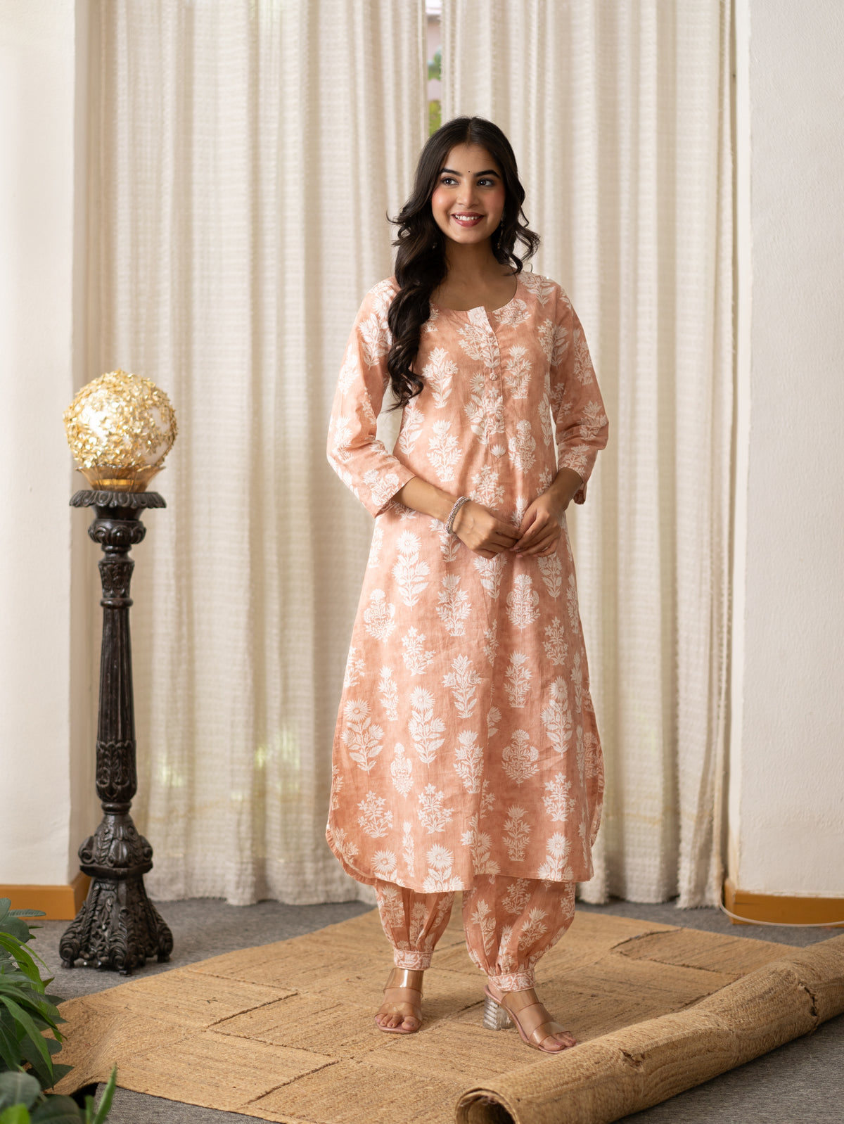 Banni Peach Floral Cotton A-line Kurta Set