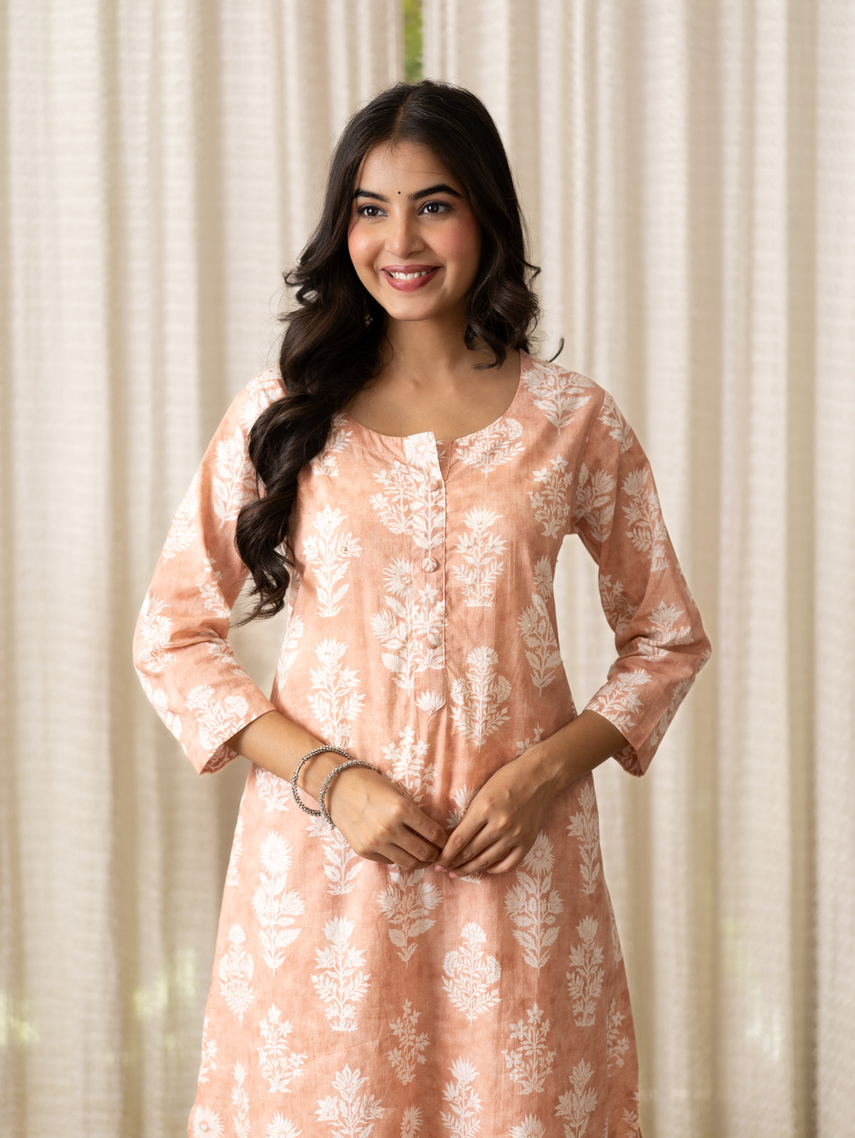 Banni Peach Floral Cotton A-line Kurta Set