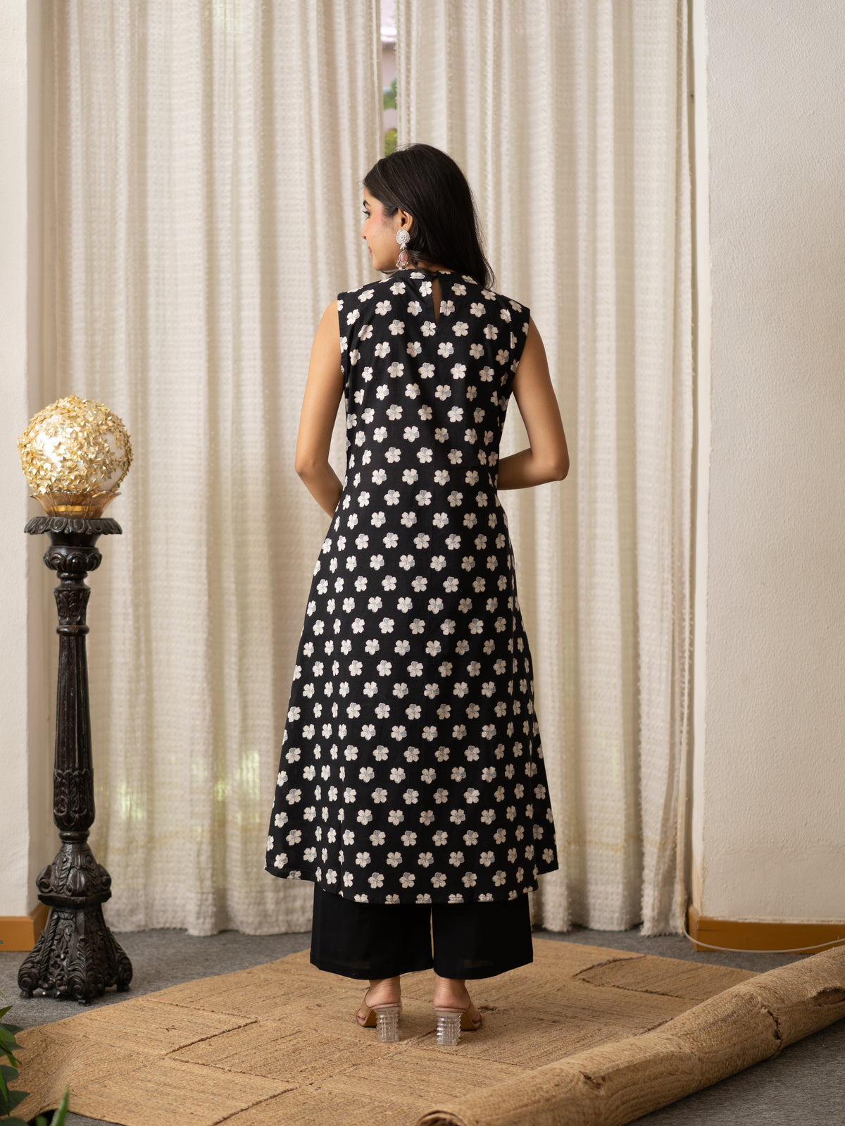 Lasya Black And White Floral Cotton A-line Coord Set