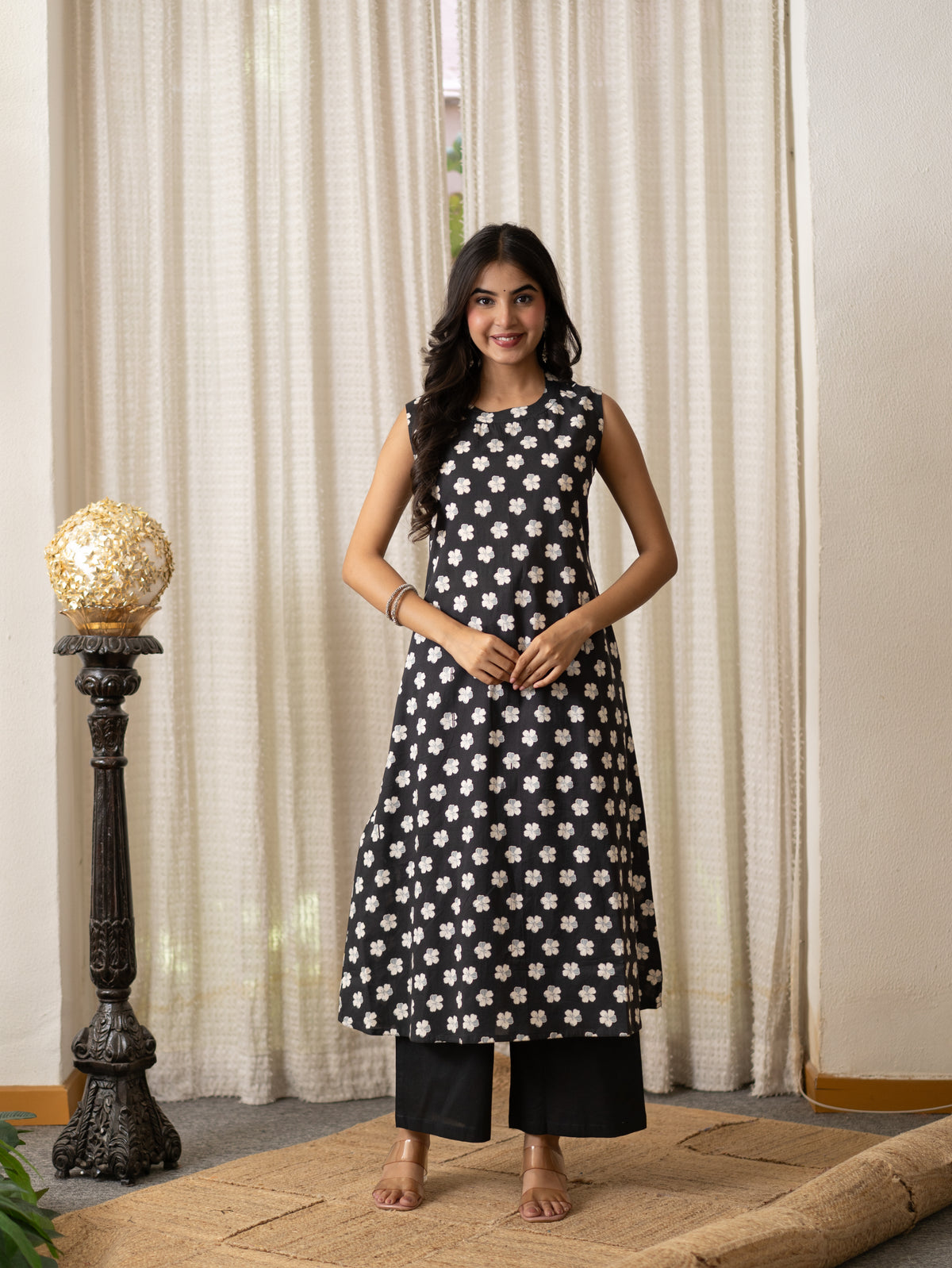 Lasya Black And White Floral Cotton A-line Coord Set