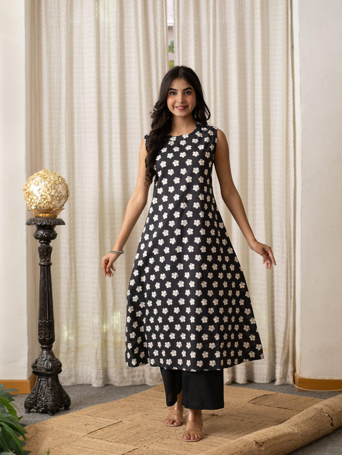 Lasya Black And White Floral Cotton A-line Coord Set