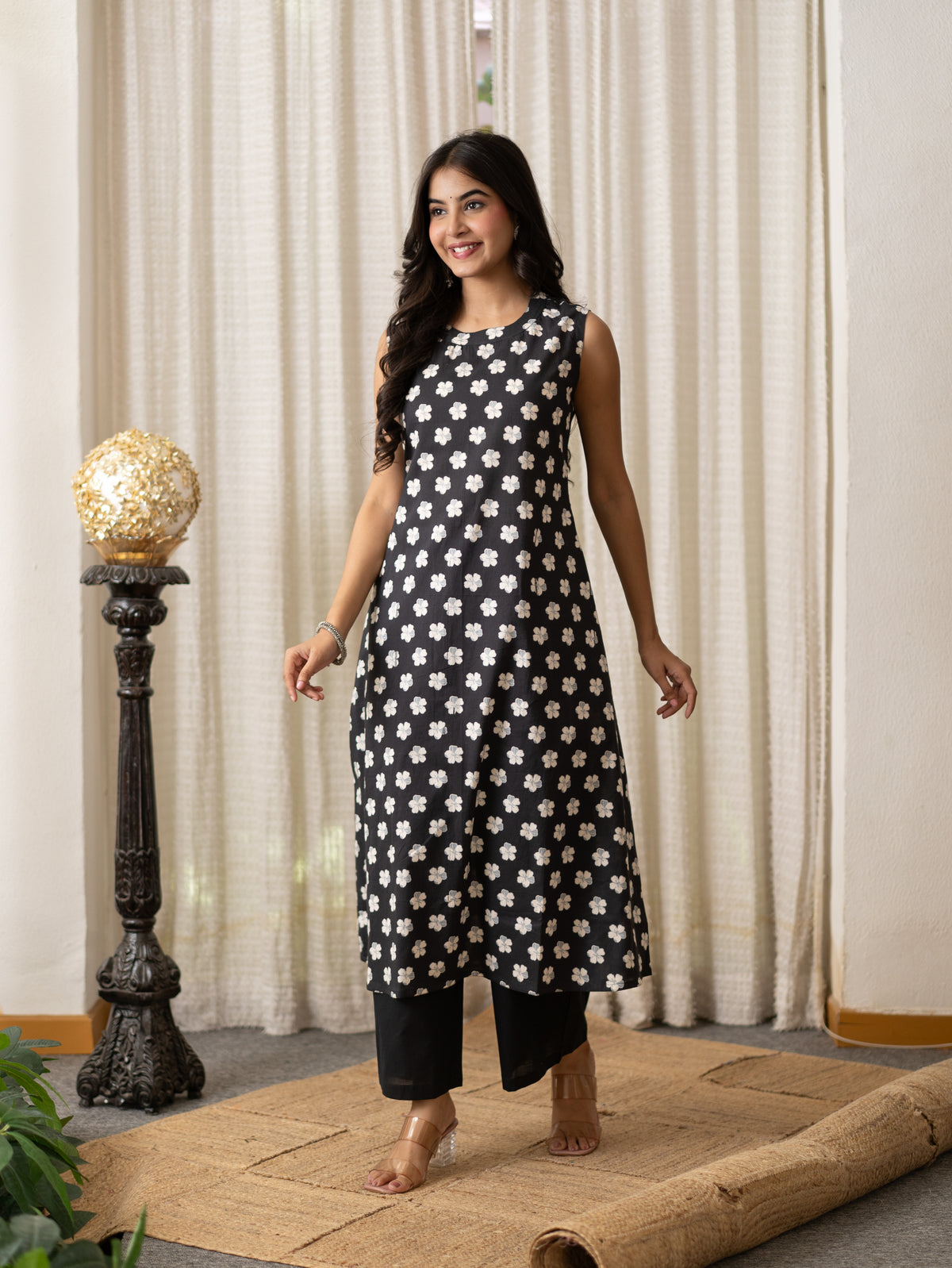 Lasya Black And White Floral Cotton A-line Coord Set