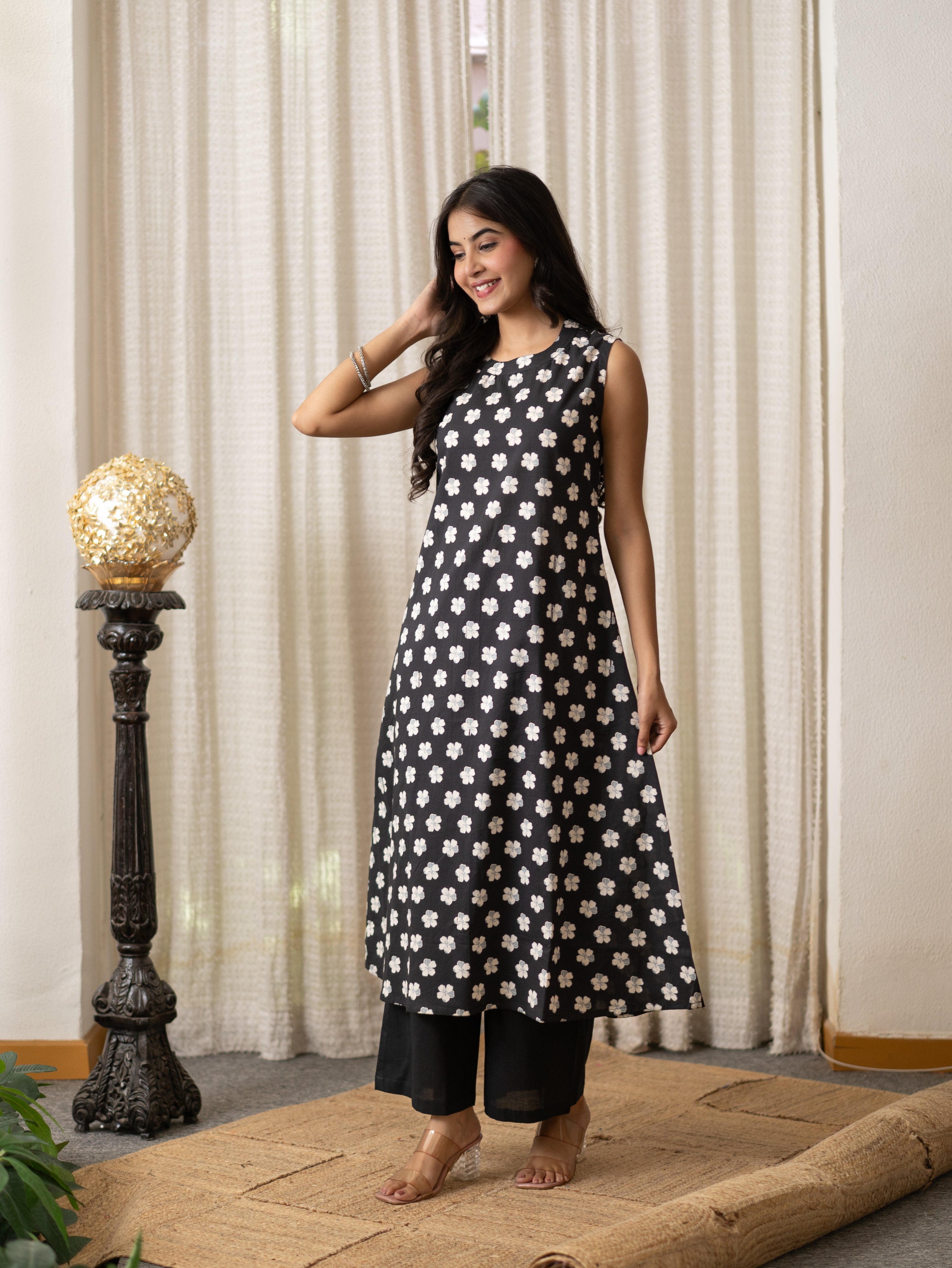 Lasya Black And White Floral Cotton A-line Coord Set