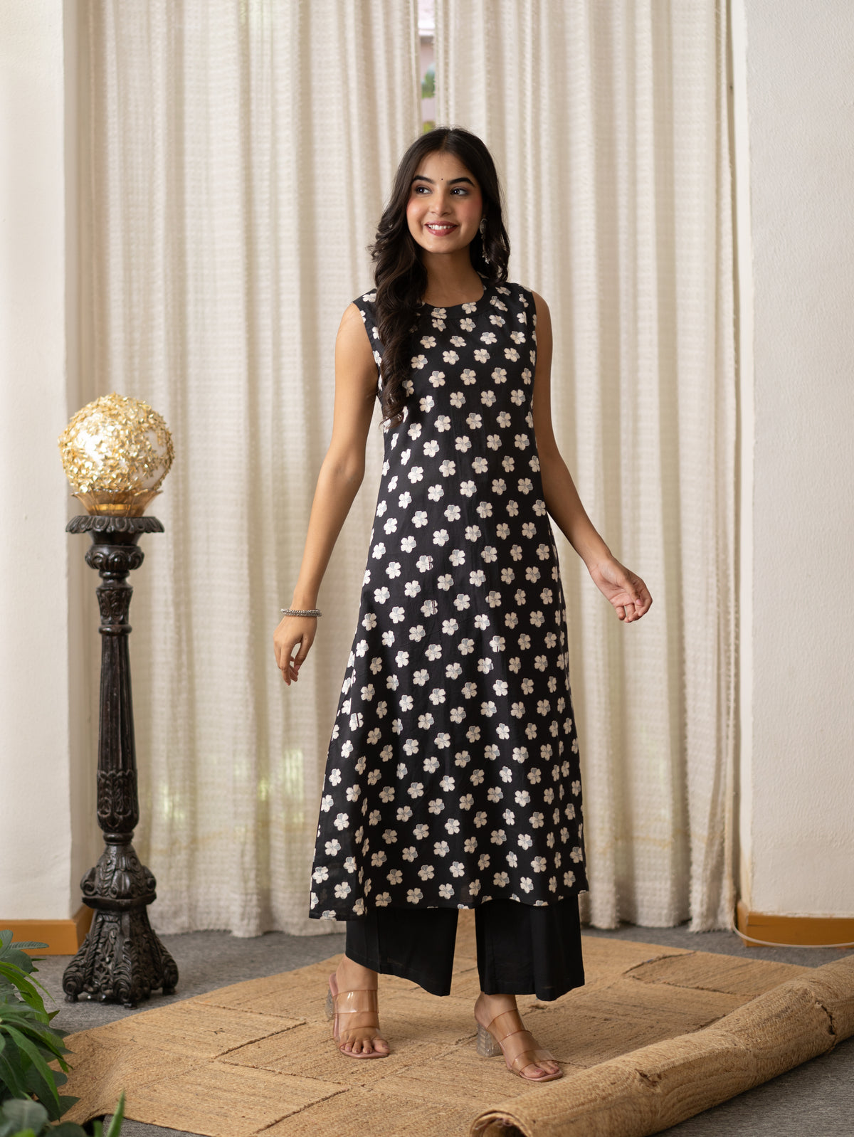 Lasya Black And White Floral Cotton A-line Coord Set