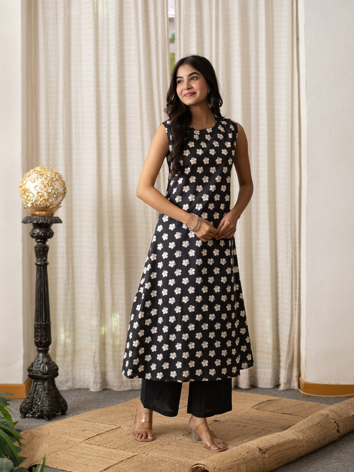 Lasya Black And White Floral Cotton A-line Coord Set