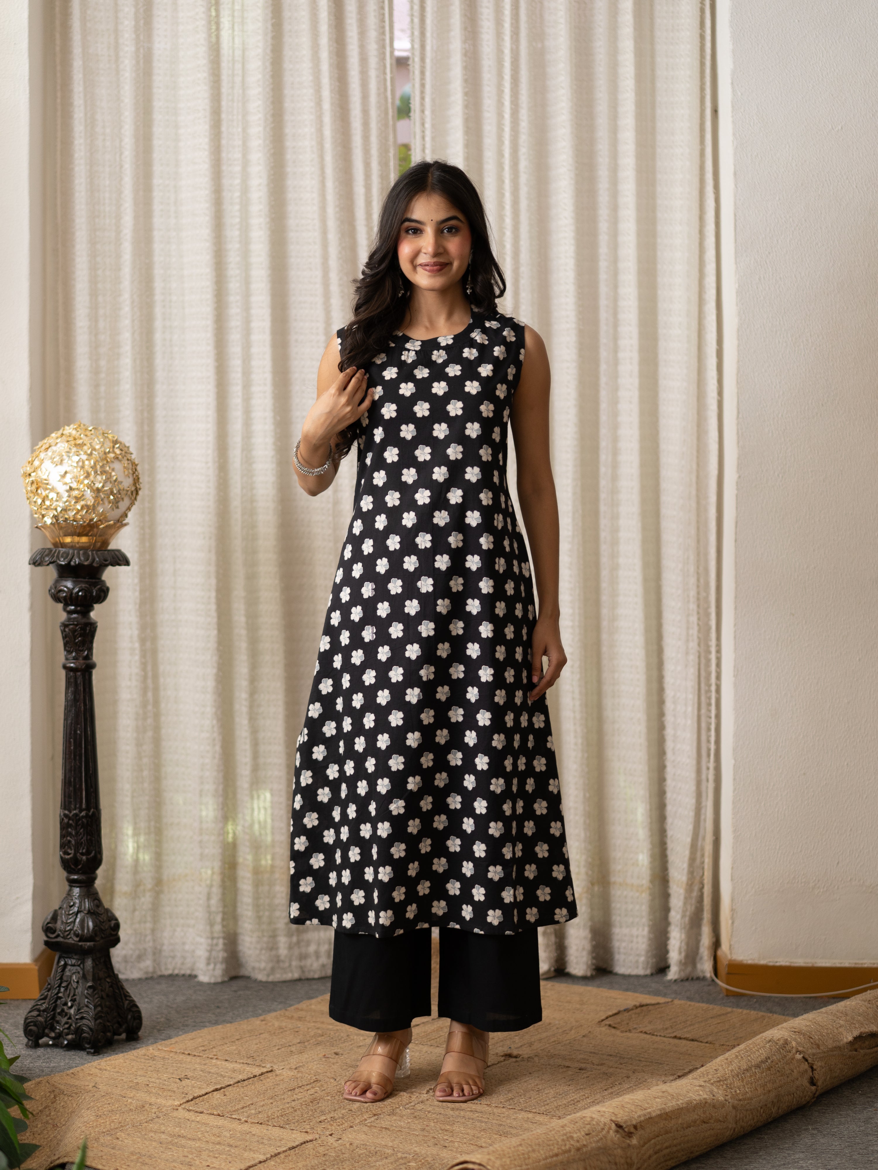 Lasya Black And White Floral Cotton A-line Coord Set