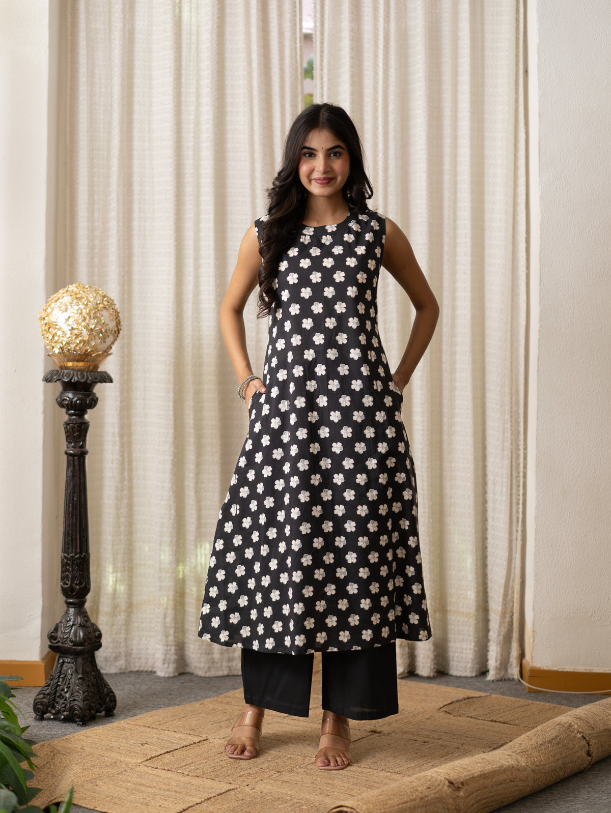 Lasya Black And White Floral Cotton A-line Coord Set