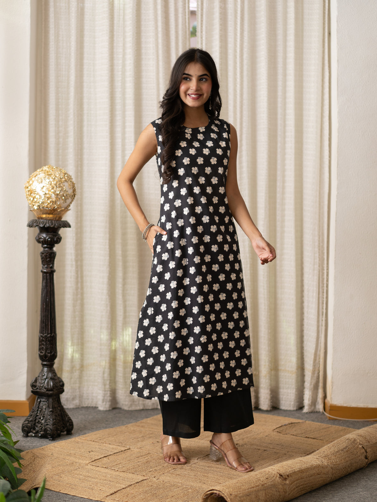 Lasya Black And White Floral Cotton A-line Coord Set