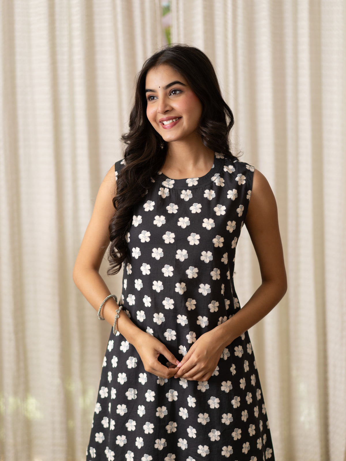 Lasya Black And White Floral Cotton A-line Coord Set