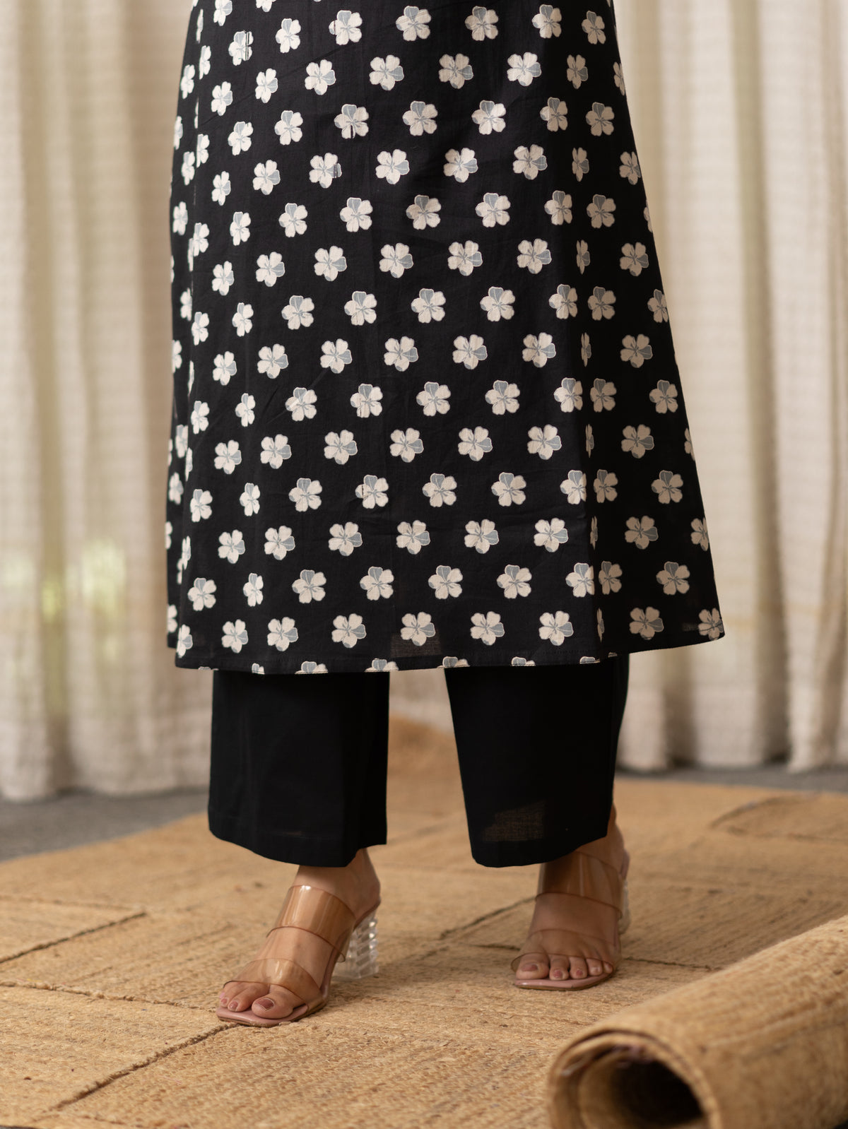 Lasya Black And White Floral Cotton A-line Coord Set