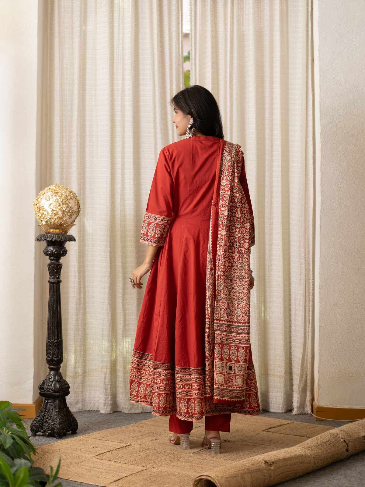 Savina Red Cotton HanEmbroidered Anarkali Dupatta Set
