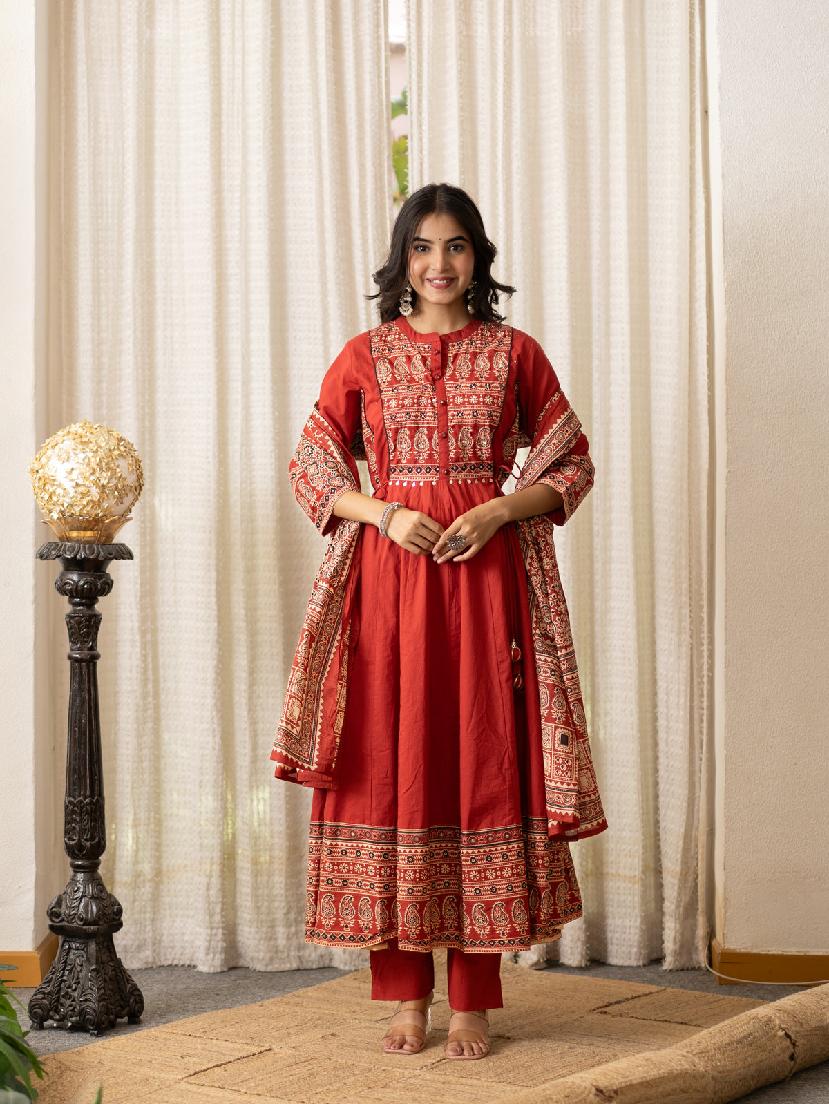 Savina Red Cotton HanEmbroidered Anarkali Dupatta Set