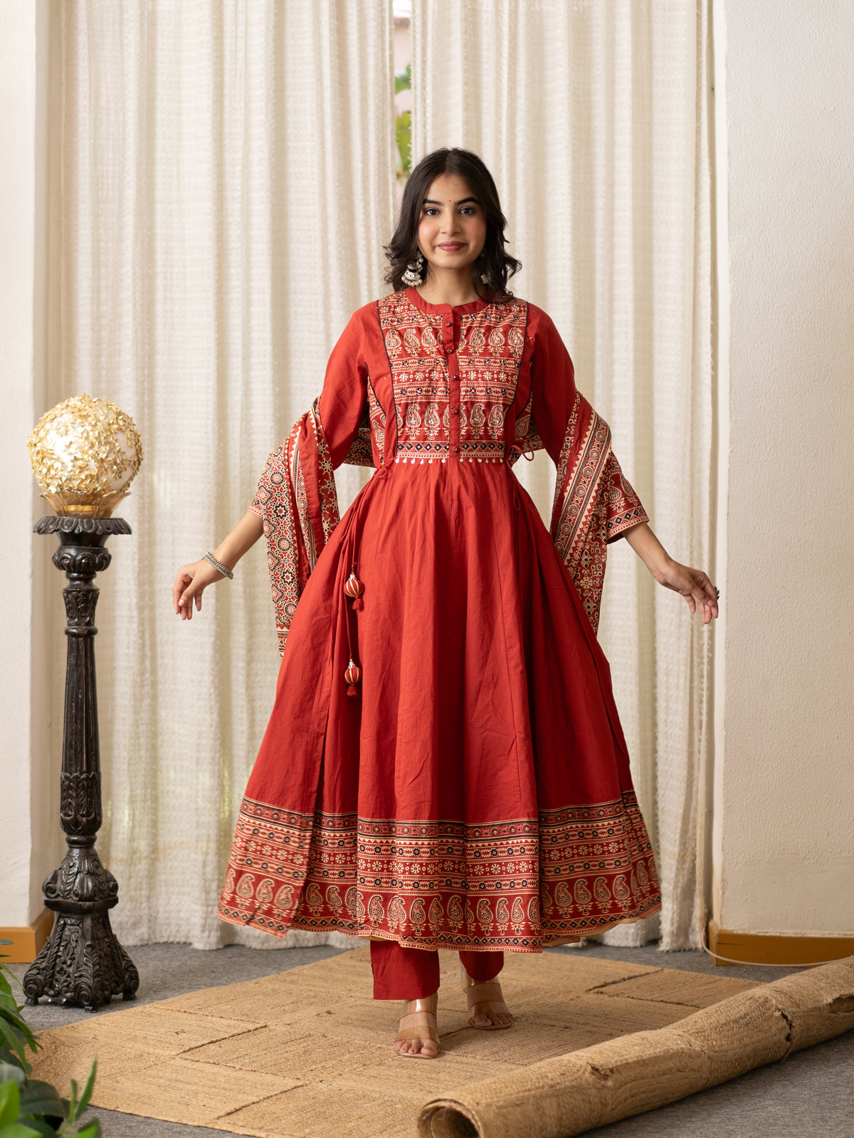 Savina Red Cotton HanEmbroidered Anarkali Dupatta Set