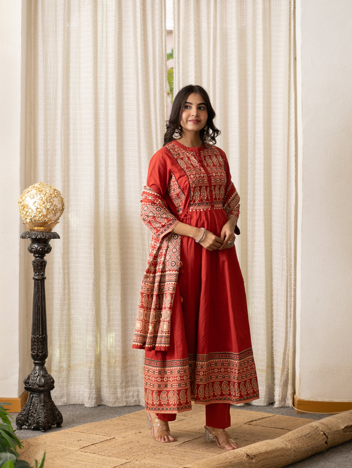Savina Red Cotton HanEmbroidered Anarkali Dupatta Set