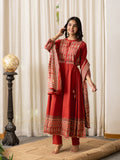 Savina Red Cotton HanEmbroidered Anarkali Dupatta Set