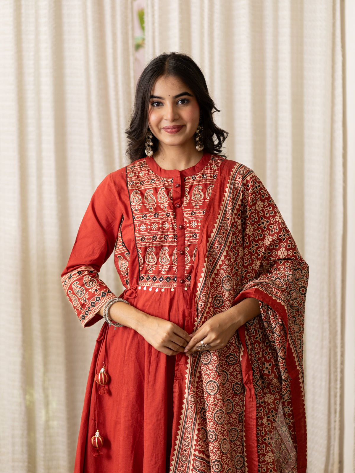 Savina Red Cotton HanEmbroidered Anarkali Dupatta Set