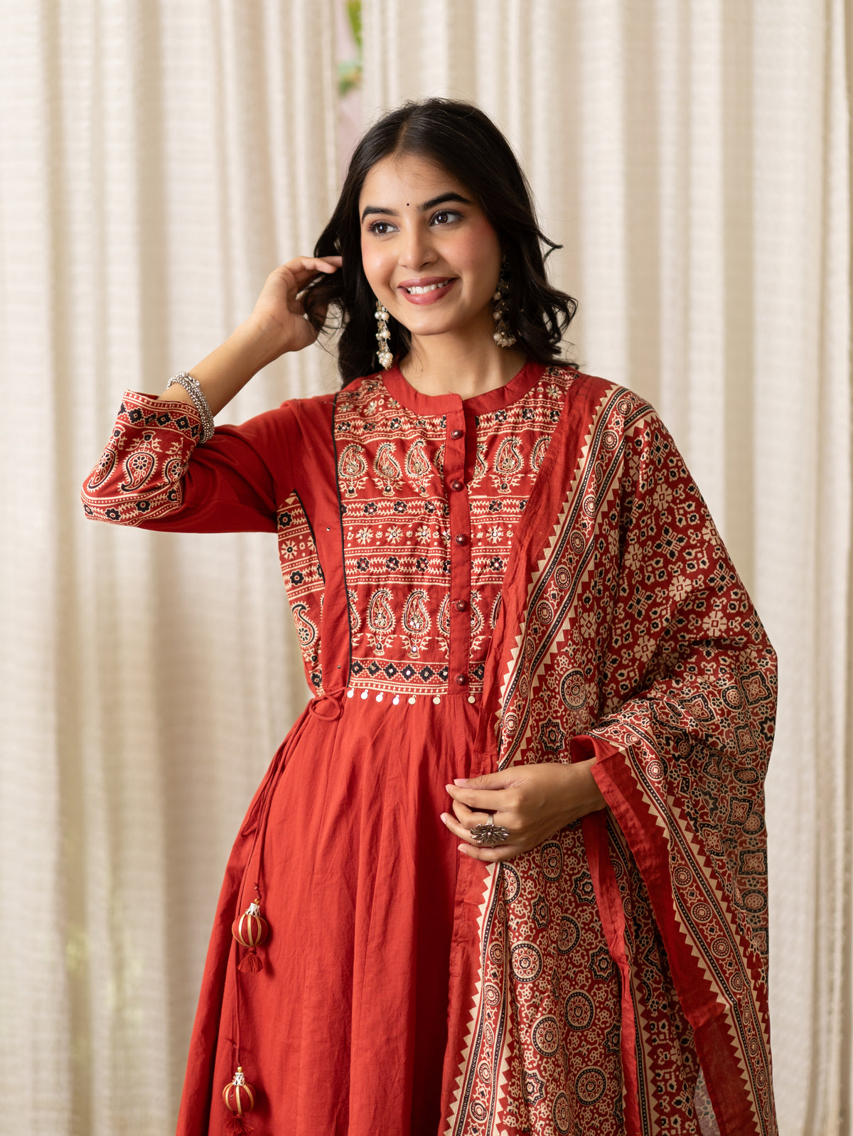 Savina Red Cotton HanEmbroidered Anarkali Dupatta Set