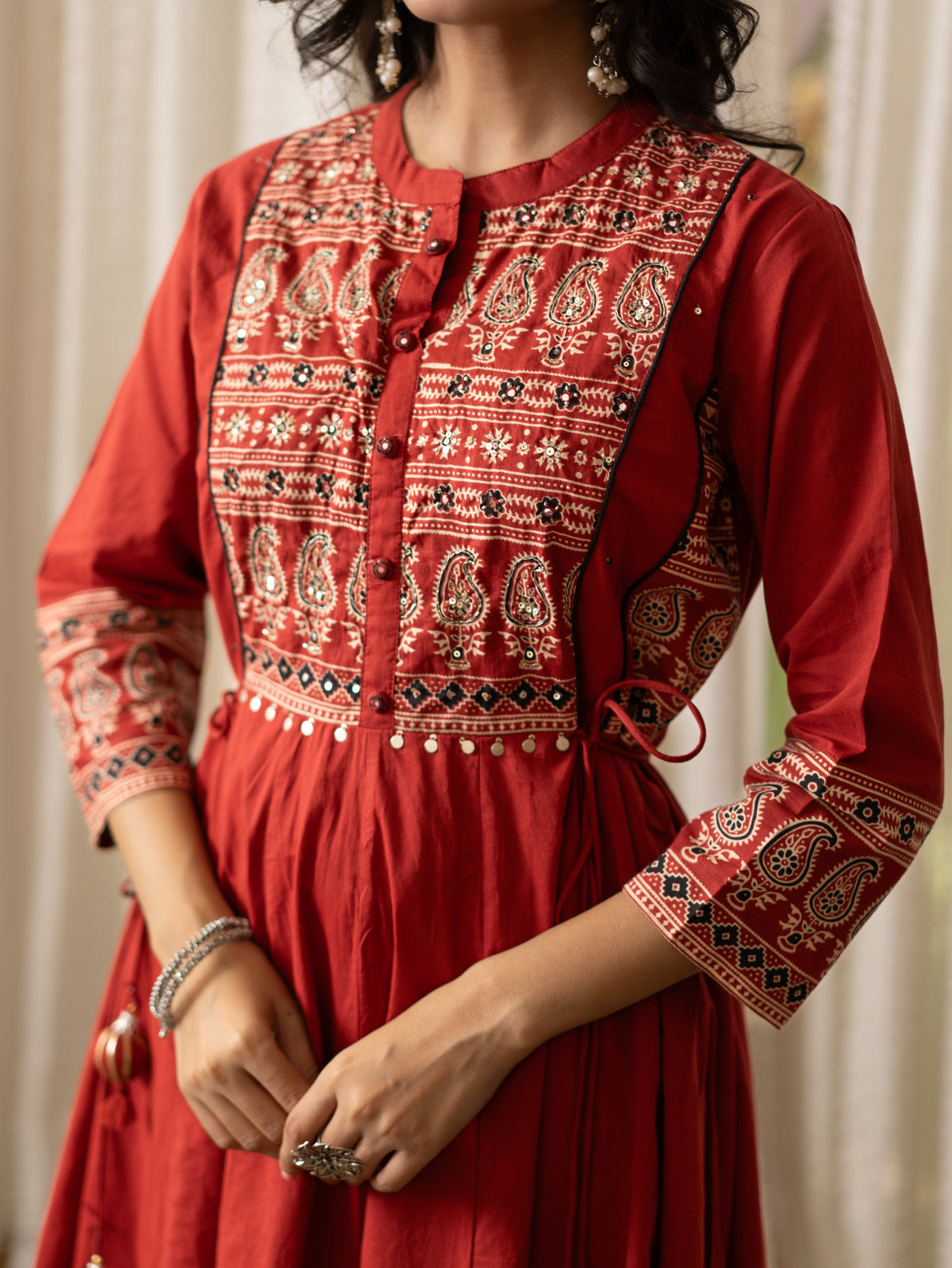 Savina Red Cotton HanEmbroidered Anarkali Dupatta Set
