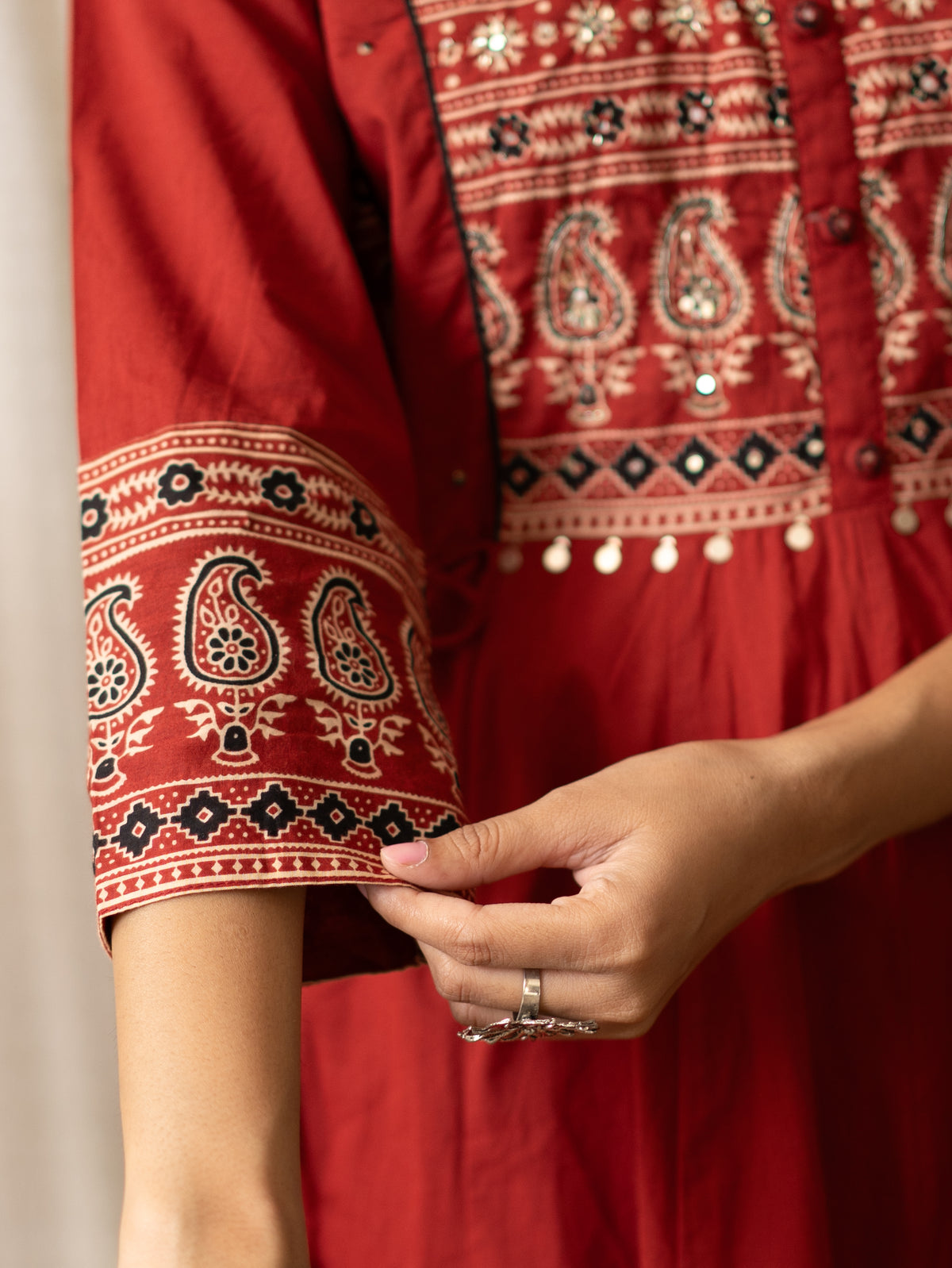 Savina Red Cotton HanEmbroidered Anarkali Dupatta Set