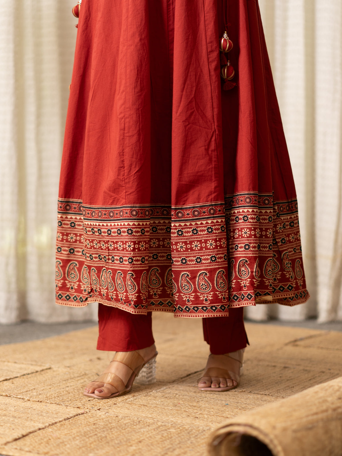 Savina Red Cotton HanEmbroidered Anarkali Dupatta Set