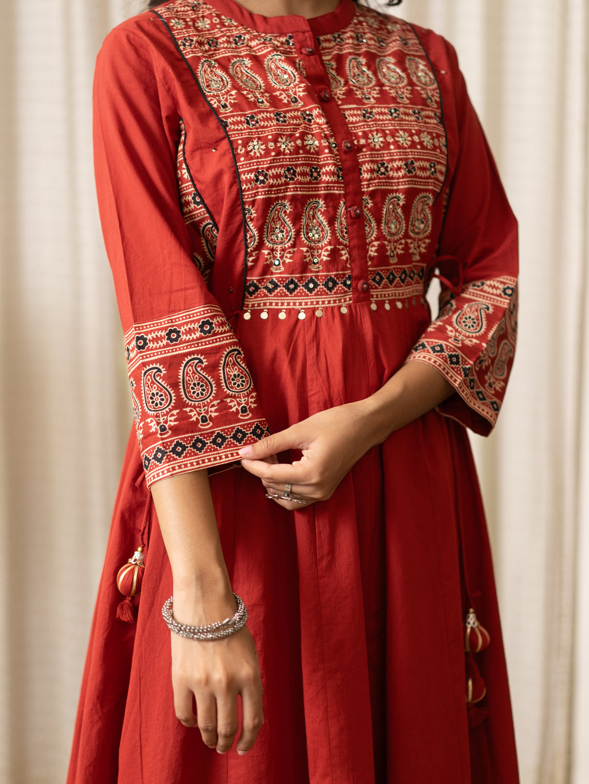 Savina Red Cotton HanEmbroidered Anarkali Dupatta Set