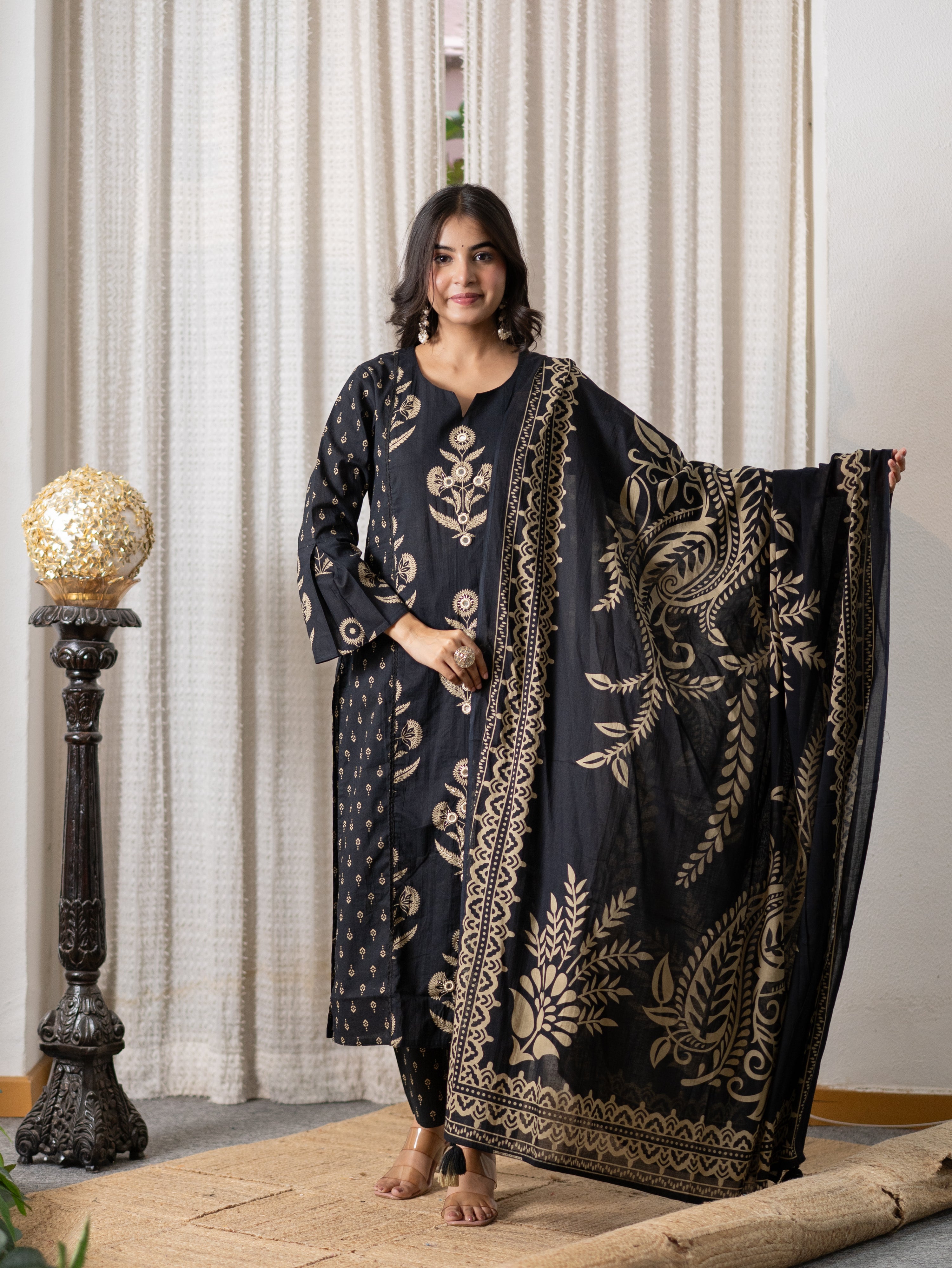 Khwaish Black Premium Cotton Embroidered Dupatta Set