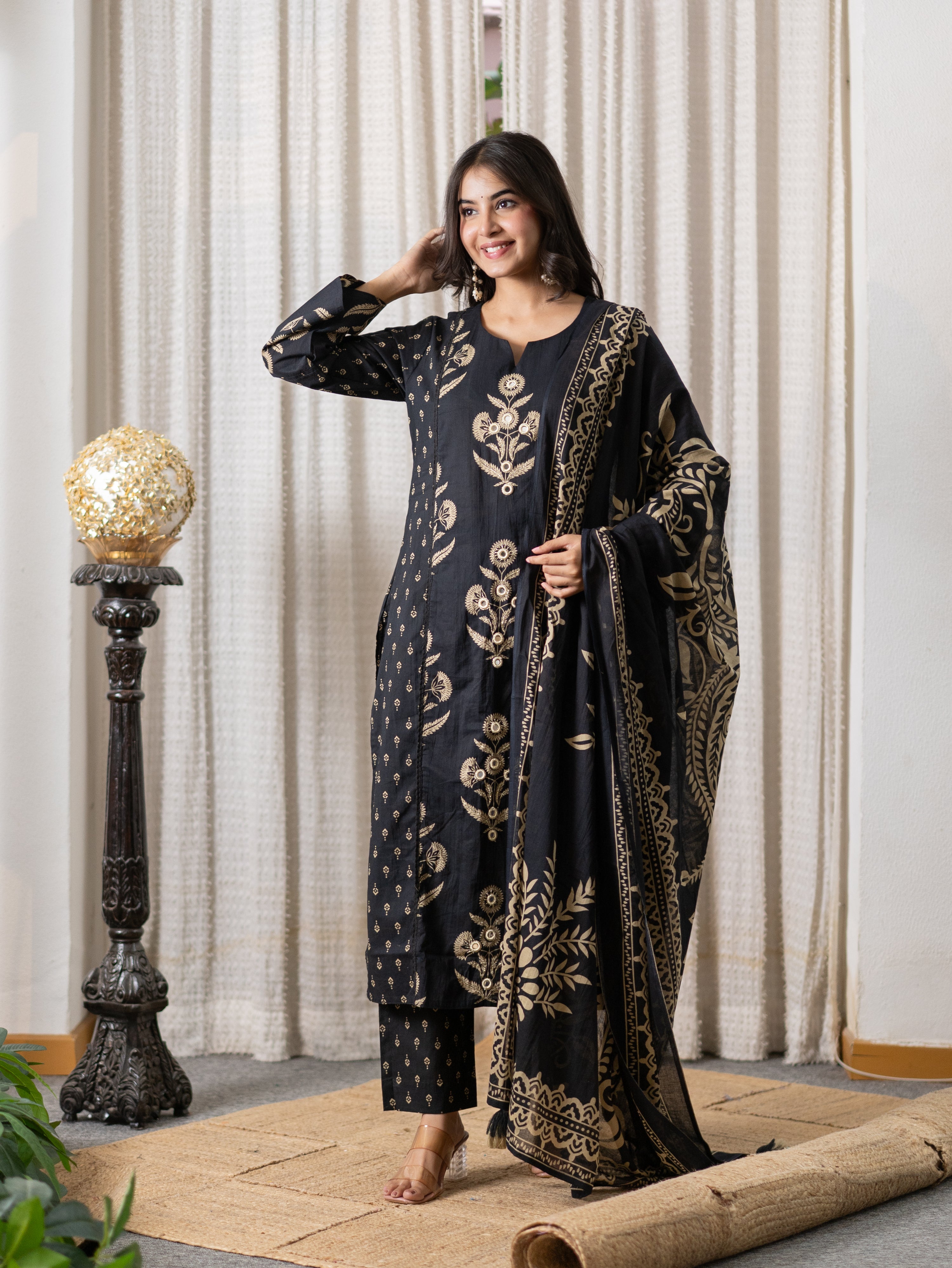 Khwaish Black Premium Cotton Embroidered Dupatta Set