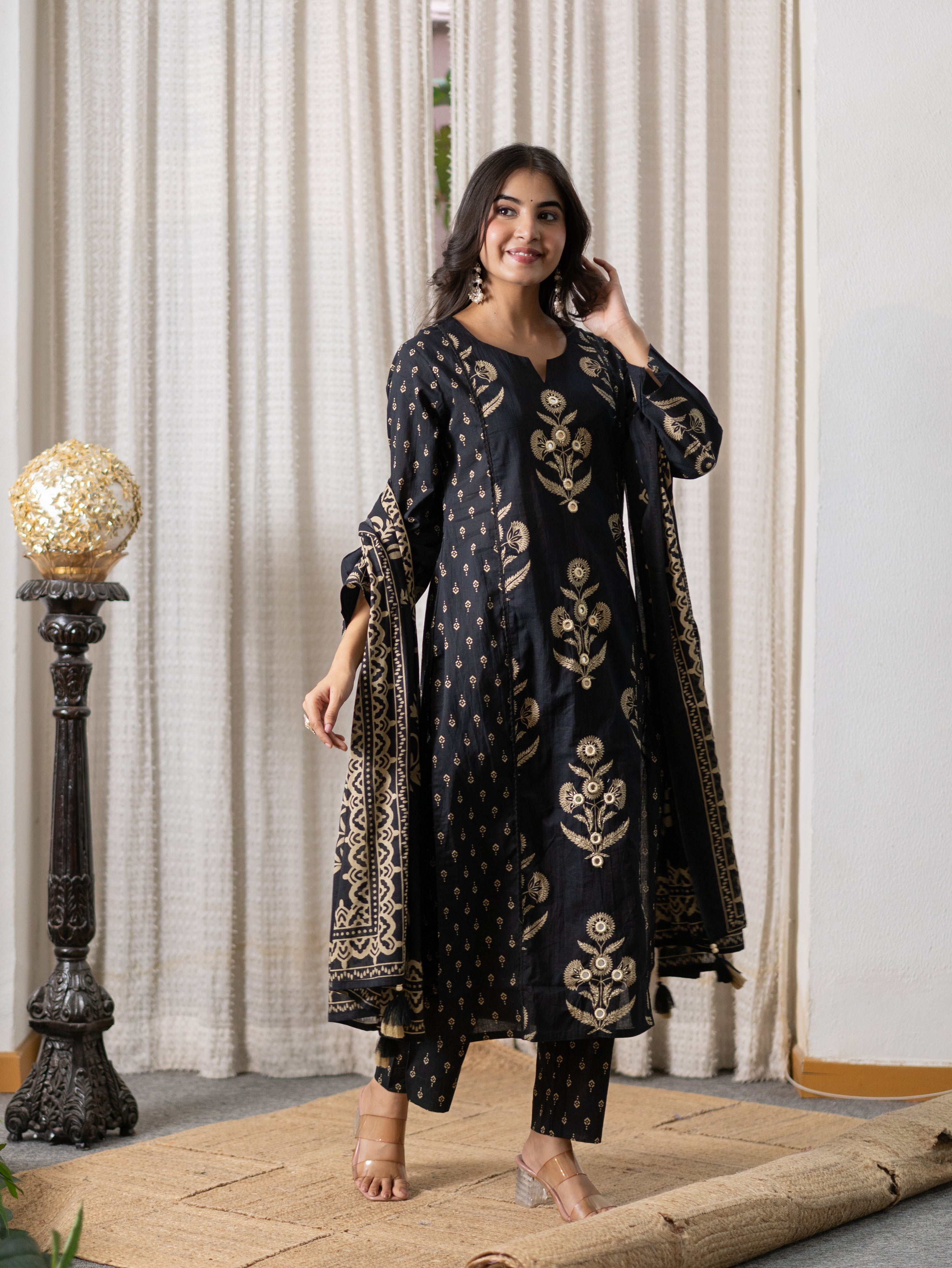 Khwaish Black Premium Cotton Embroidered Dupatta Set