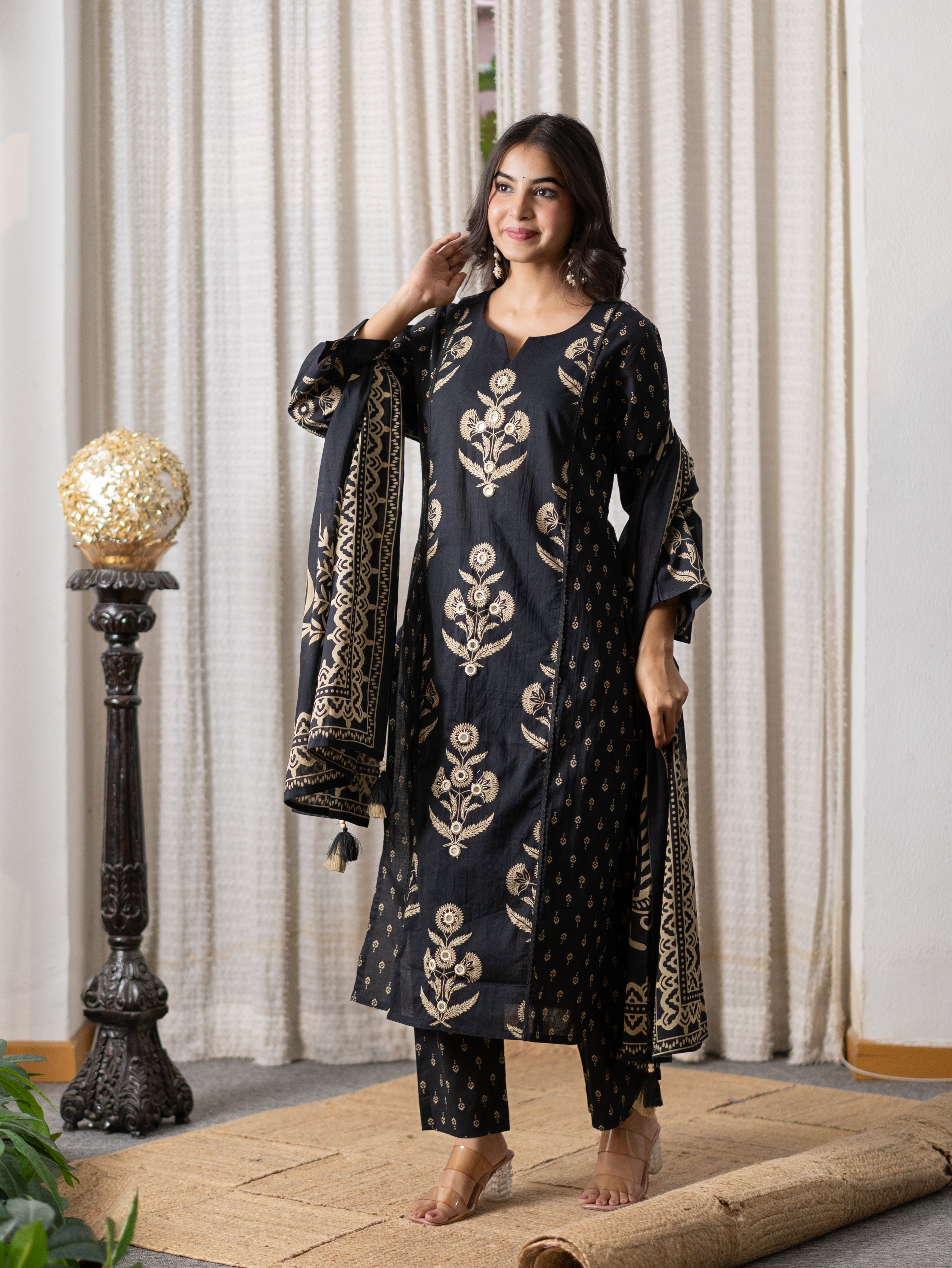 Khwaish Black Premium Cotton Embroidered Dupatta Set