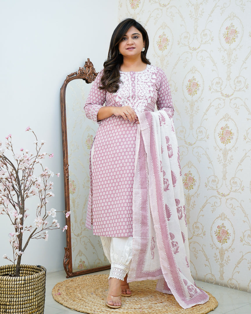 Premium Cotton Handblock Lucknowi Afgani Set