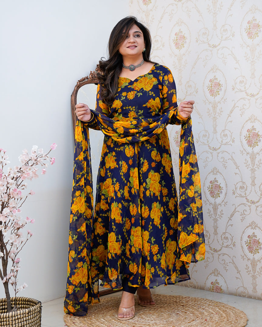 floral chiffon anarkali dress Navy Blue Multicolor Floral Printed Anarkali M