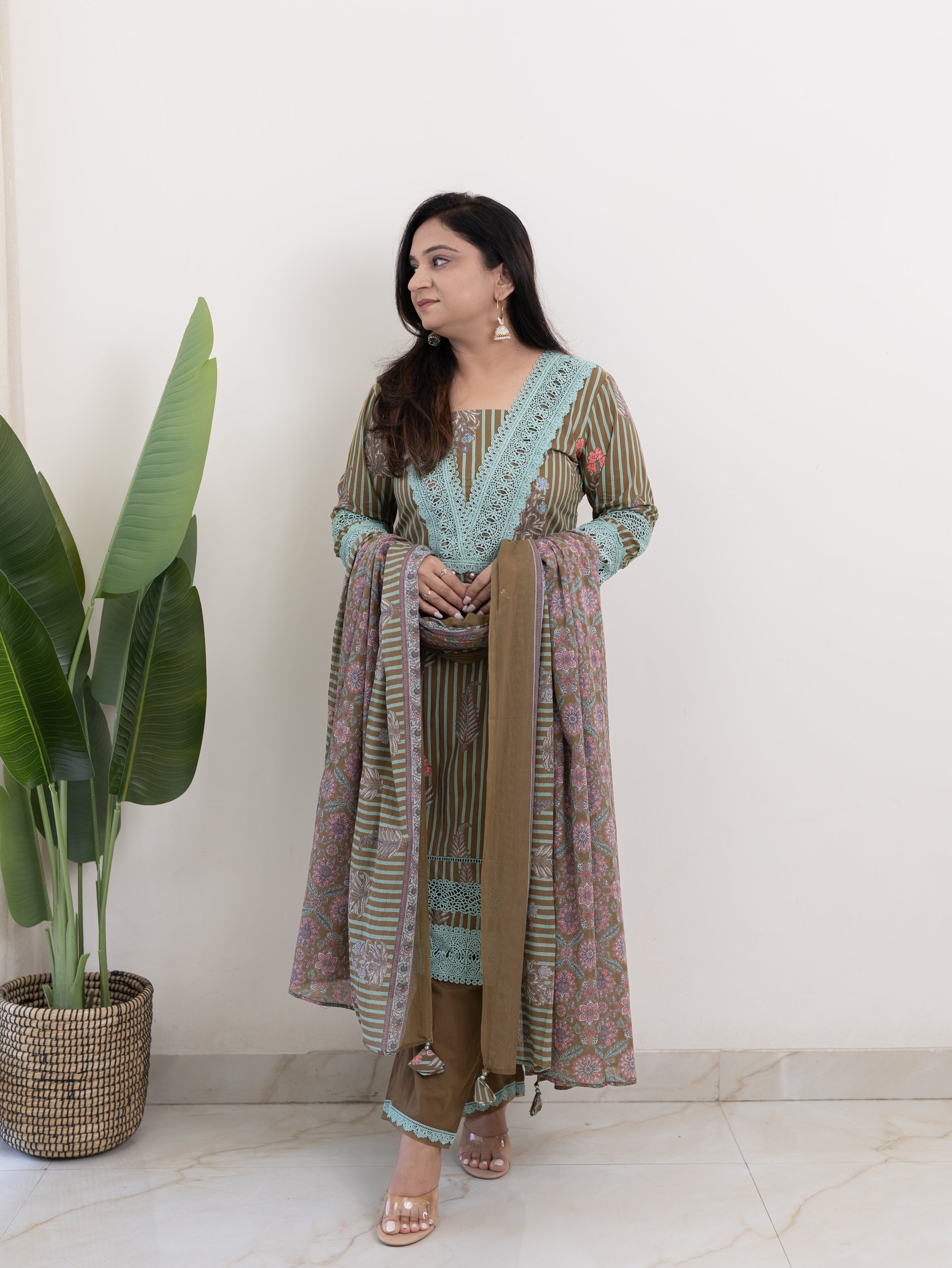 Tahira Green Striped Cotton Lace Detailed Dupatta Set