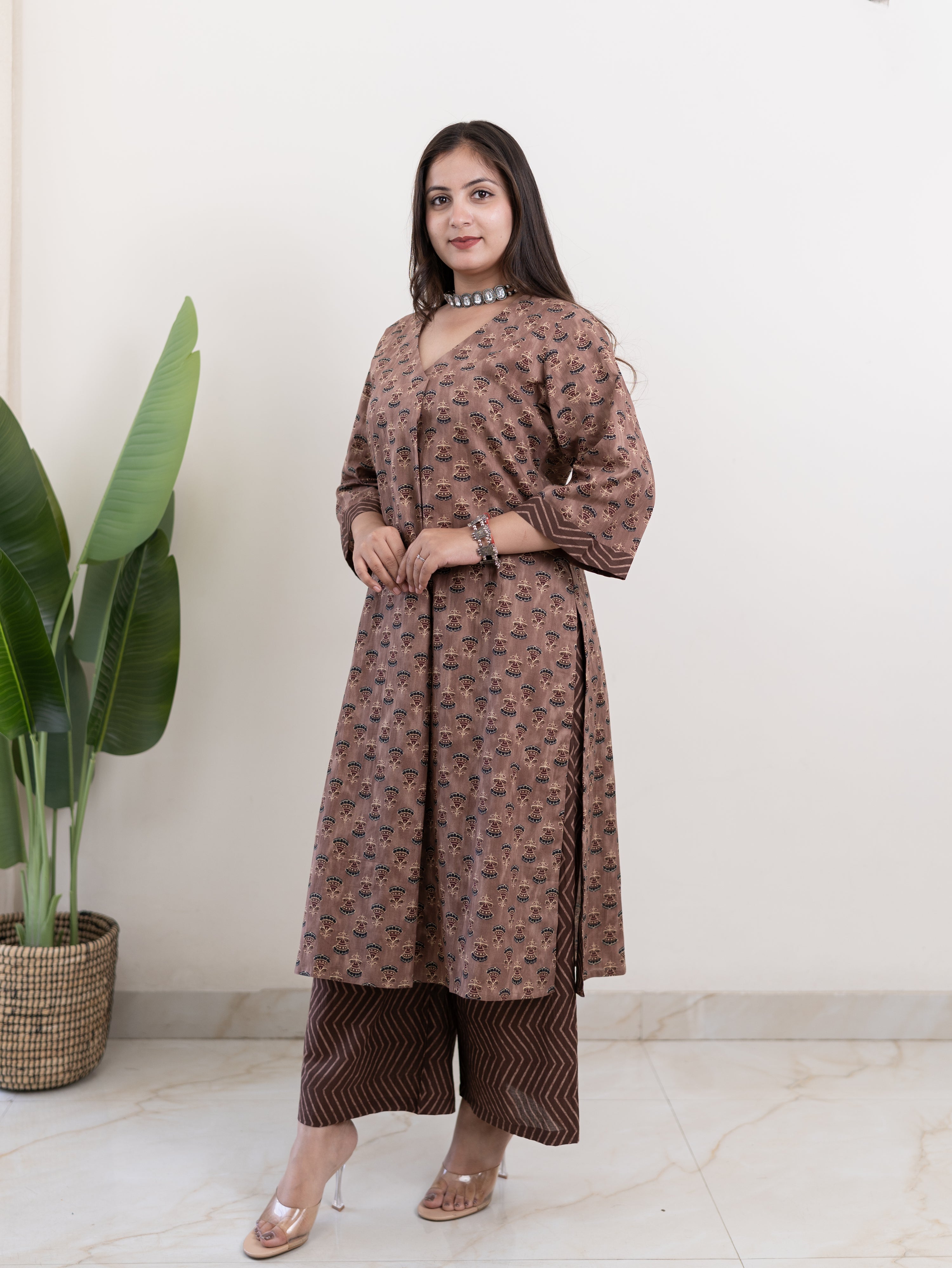 Lavina Brown Cotton A-line Kurta Set