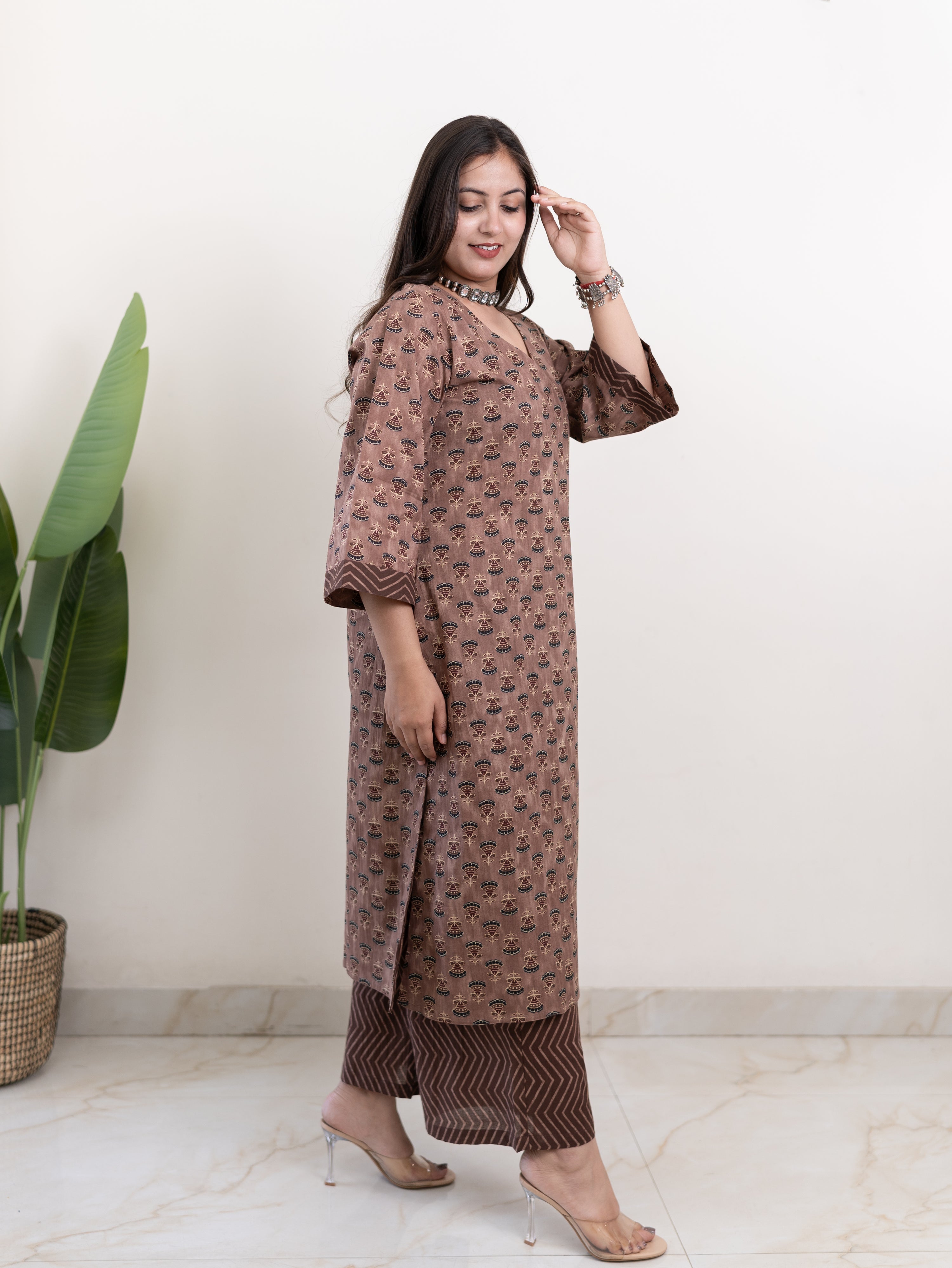 Lavina Brown Cotton A-line Kurta Set
