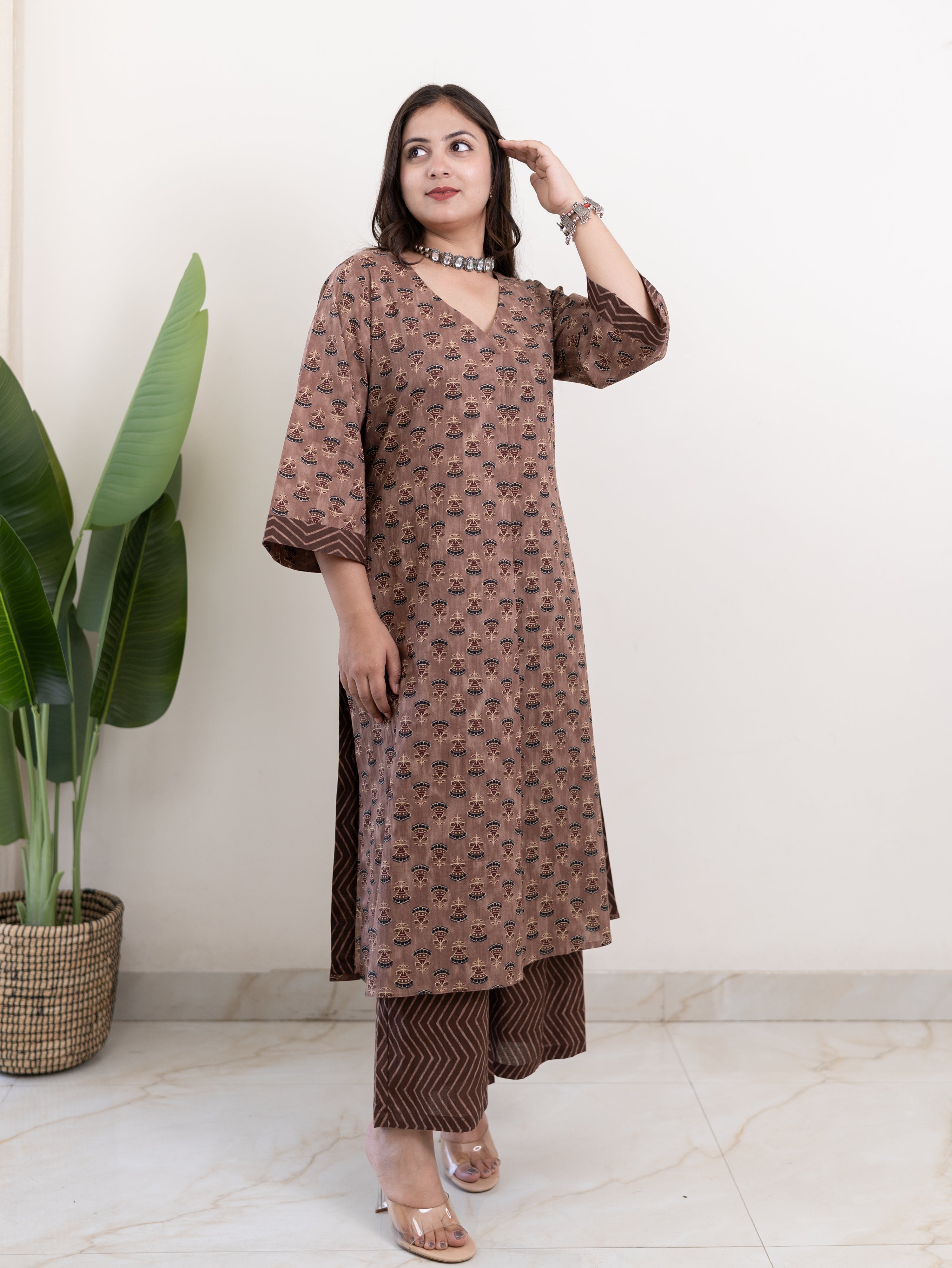 Lavina Brown Cotton A-line Kurta Set