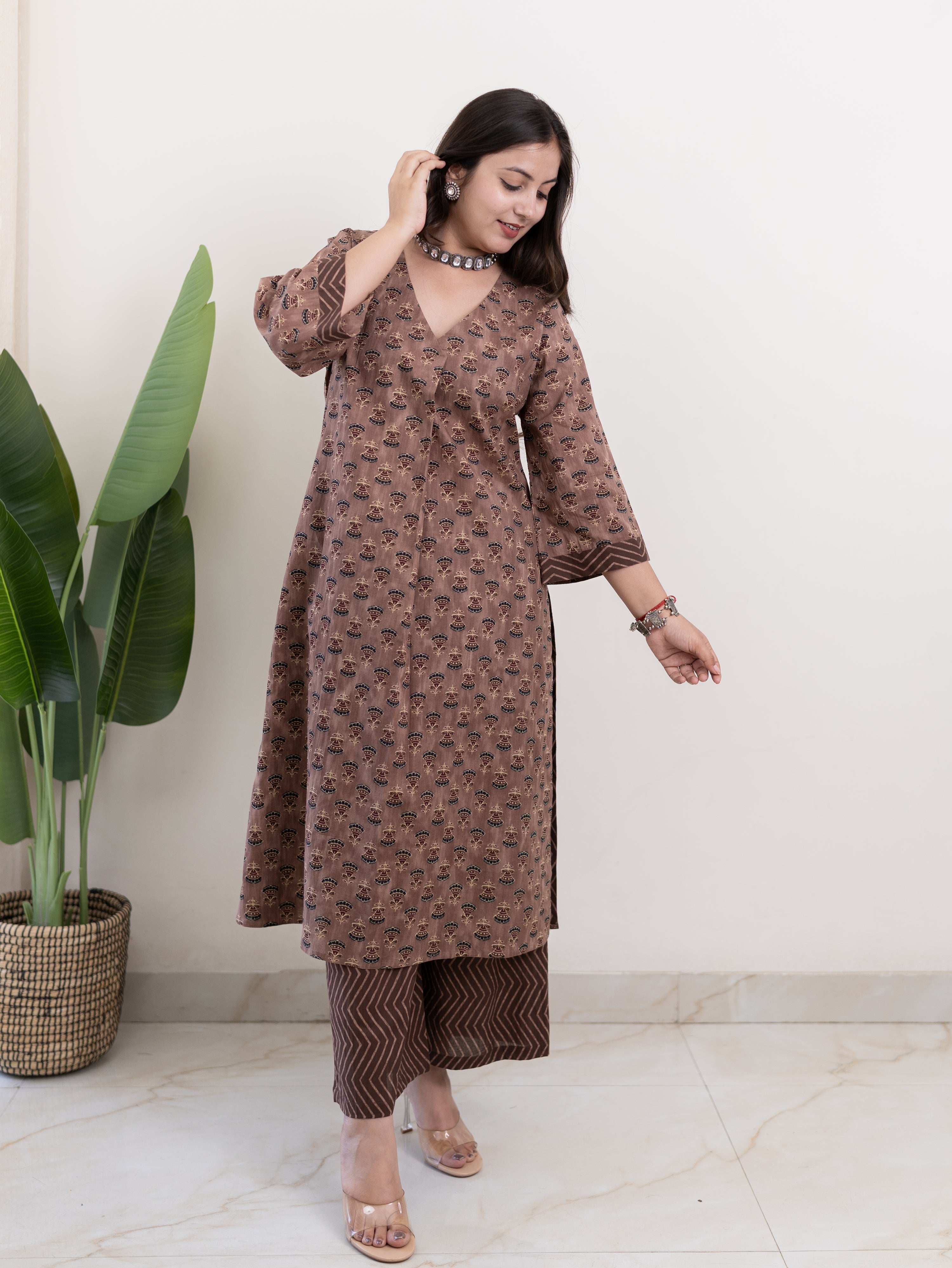 Lavina Brown Cotton A-line Kurta Set