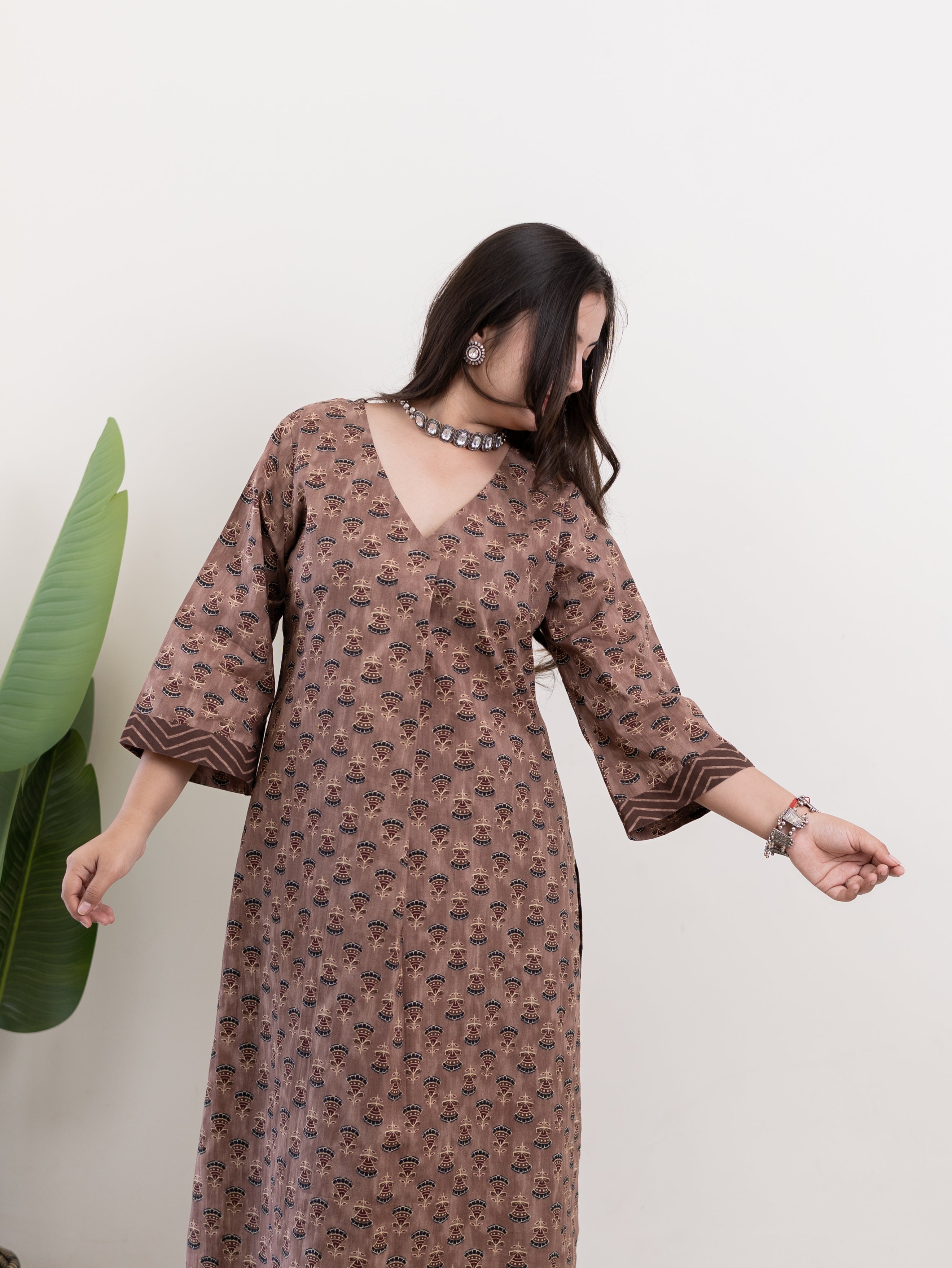 Lavina Brown Cotton A-line Kurta Set