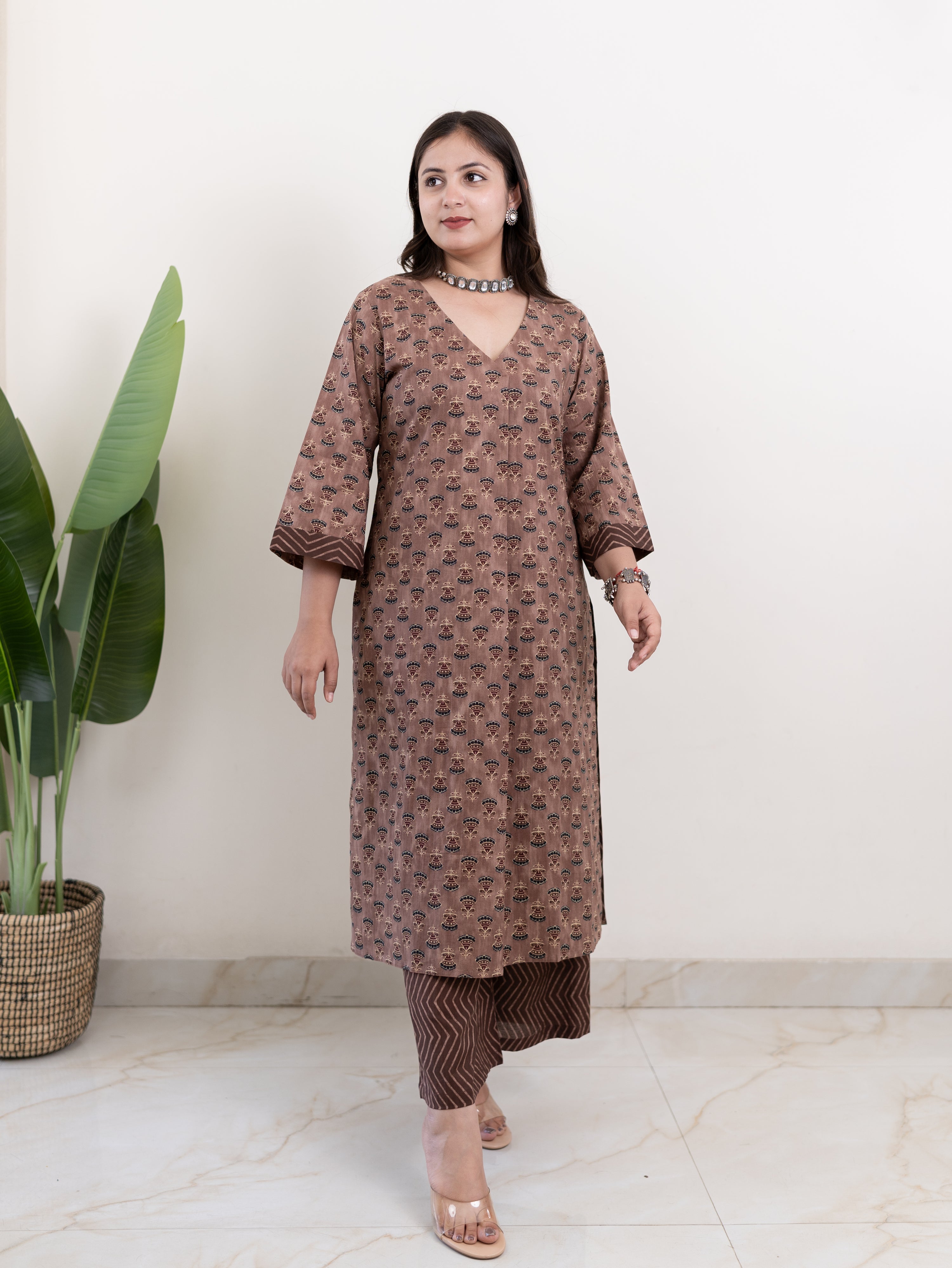 Lavina Brown Cotton A-line Kurta Set