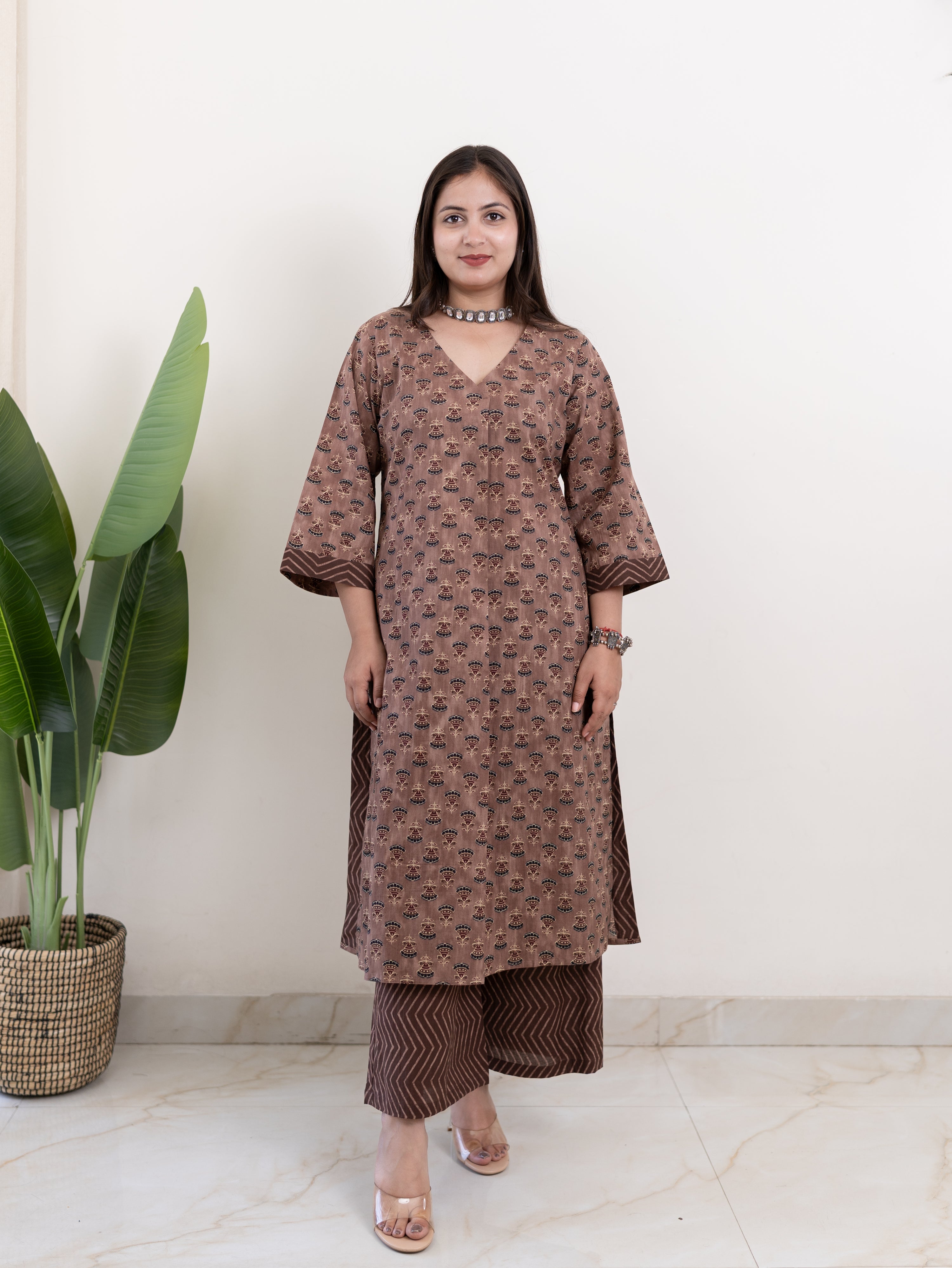 Lavina Brown Cotton A-line Kurta Set