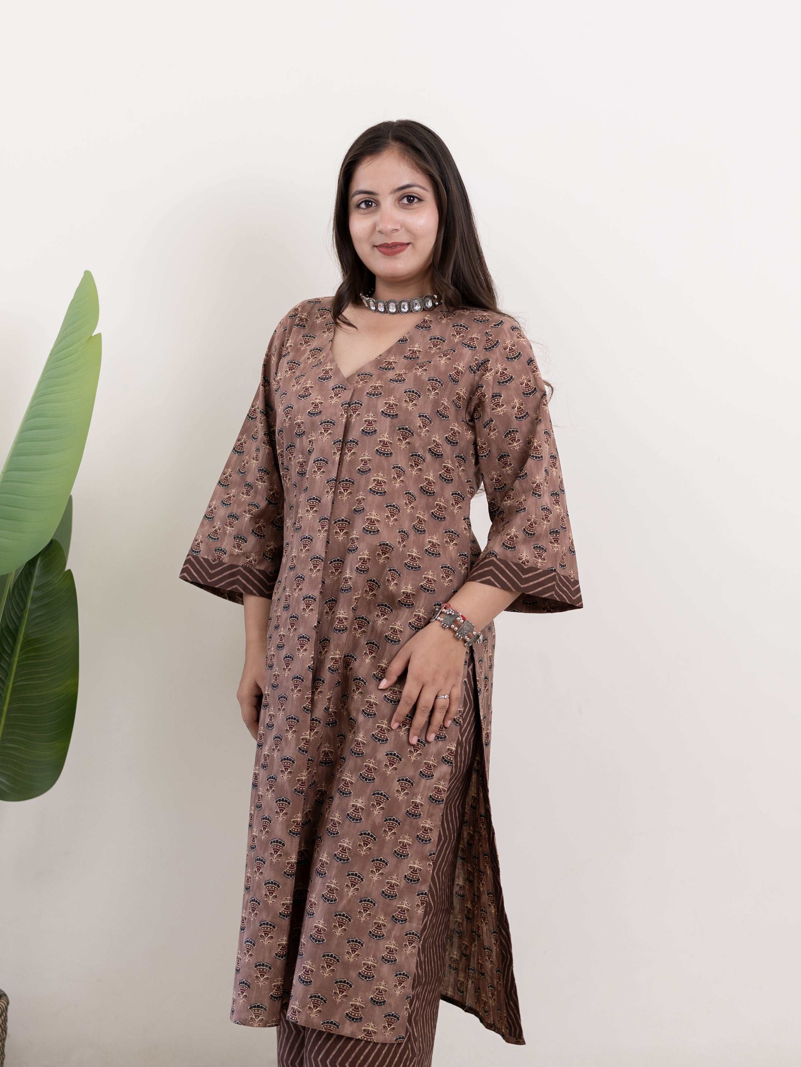 Lavina Brown Cotton A-line Kurta Set