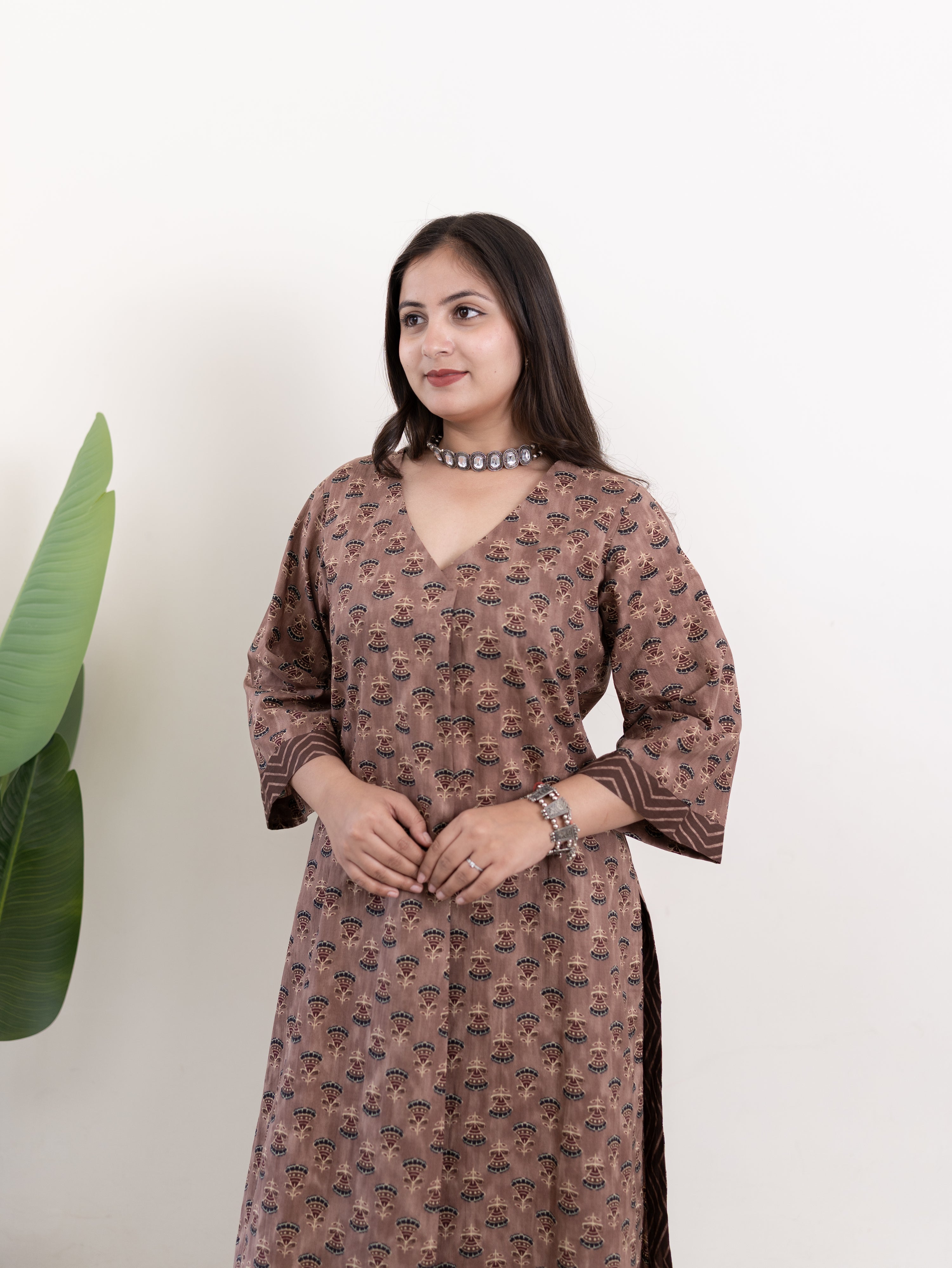 Lavina Brown Cotton A-line Kurta Set