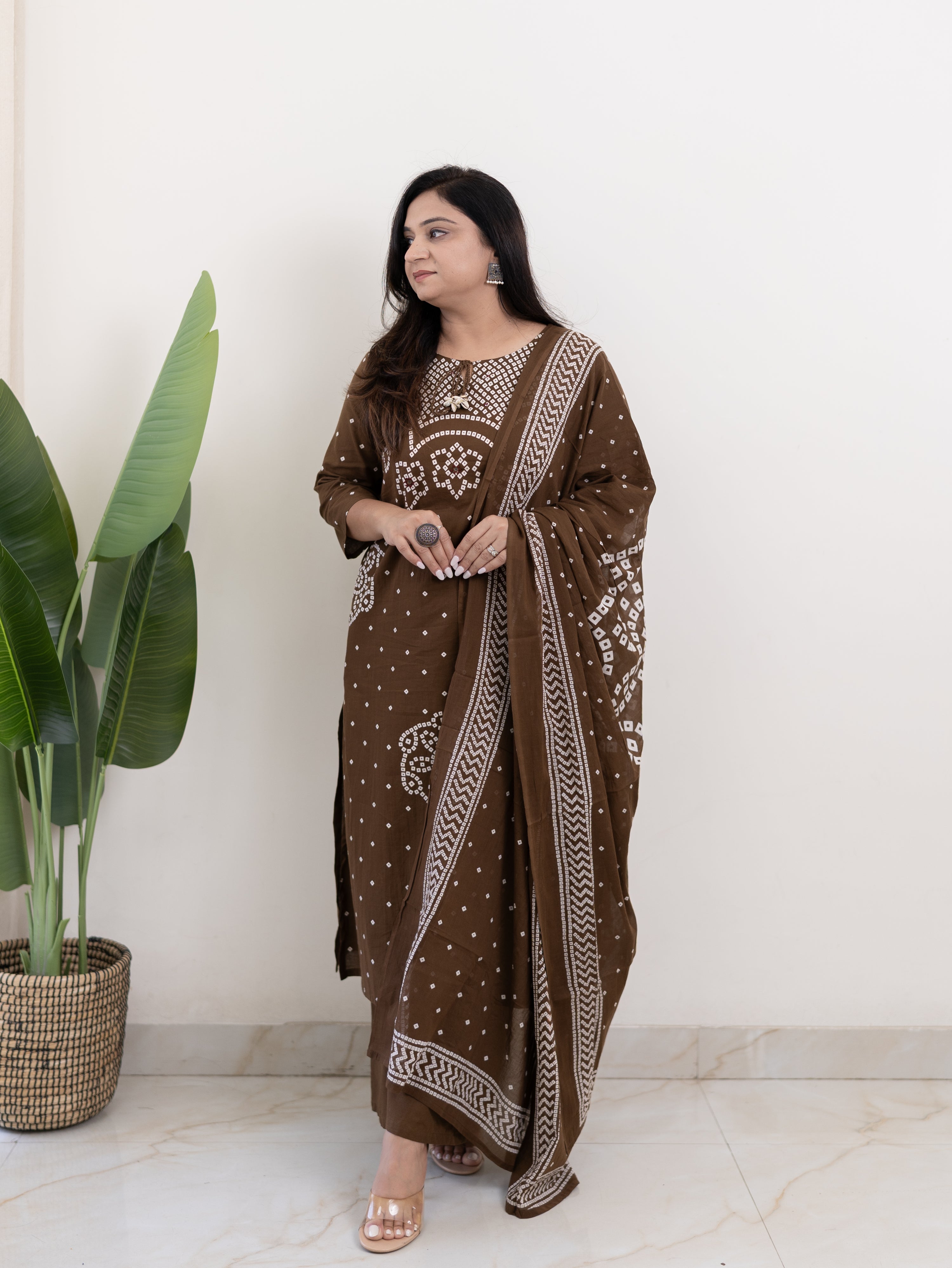 Mishi Brown Cotton Bandhani Straight Dupatta Set